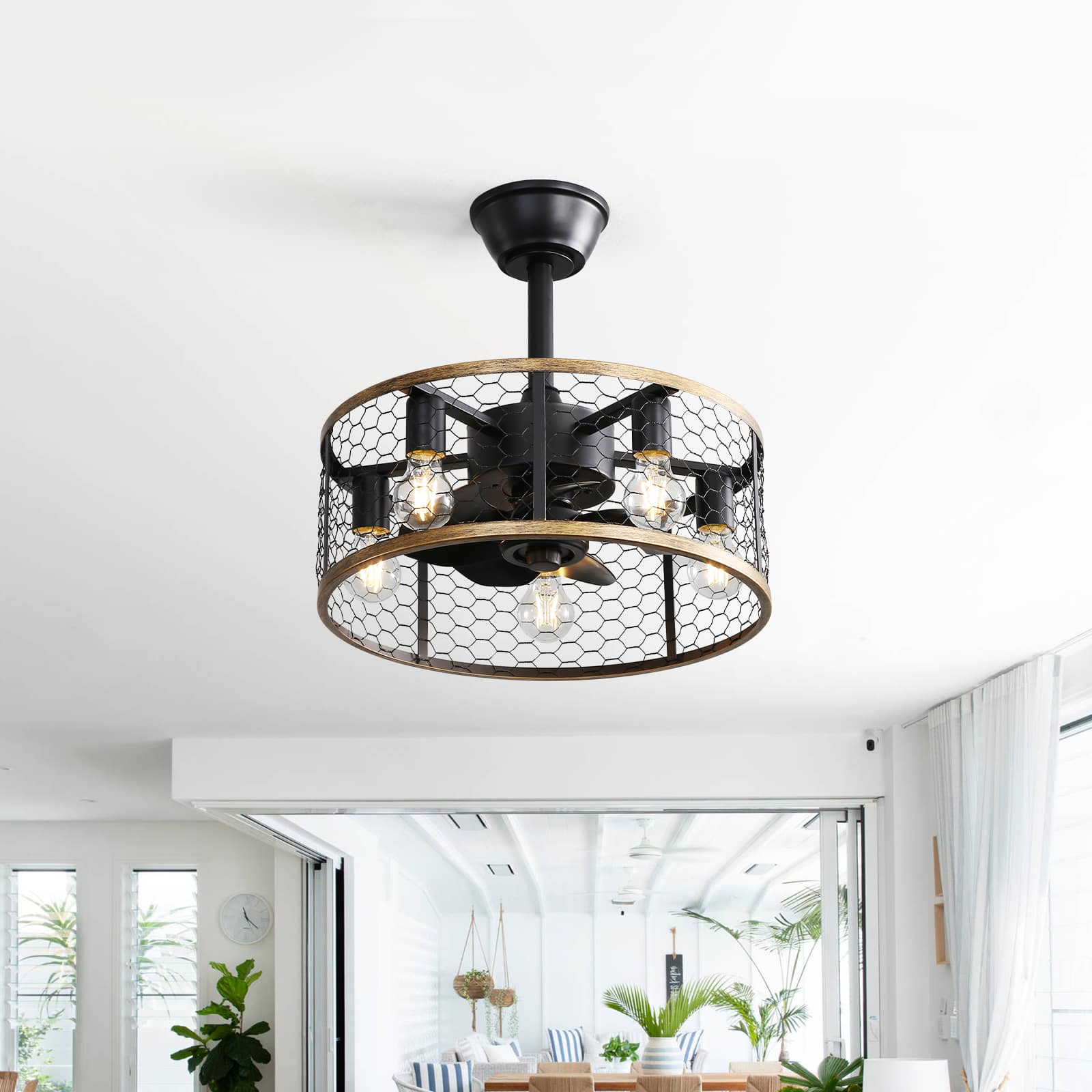 Front. Sofucor - 20'' Caged Rustic Farmhouse Ceiling Fan w/Remote Reversible DC 6 Speed Ceiling Fan Light Fixture for Dining Room Bedroom - Black- Downrod Ceiling.