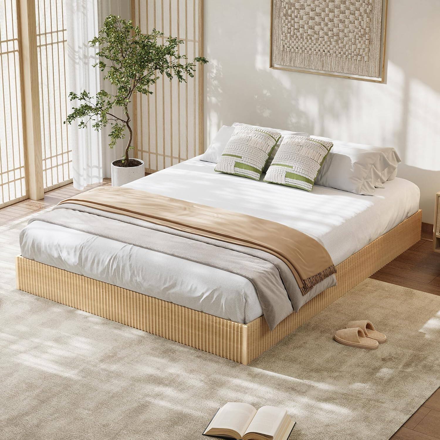 Angle. Homhougo - California King Bed Frame, Wood Platform Bed with Fluted Design, Low Profile BedFrame, Minimalist Bed Base with - Natural.