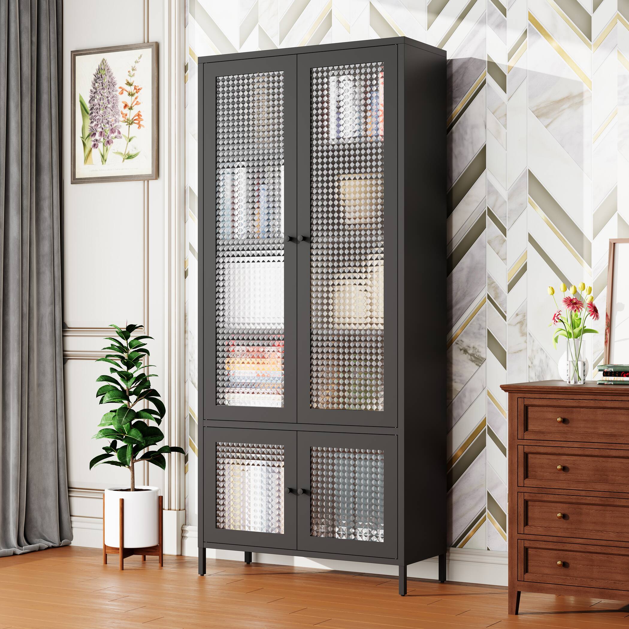 Front. APRILSOUL - Large Metal Storage Cabinet 4 Glass Doors 5 Shelves Black Waffle Grids Glass - Black.
