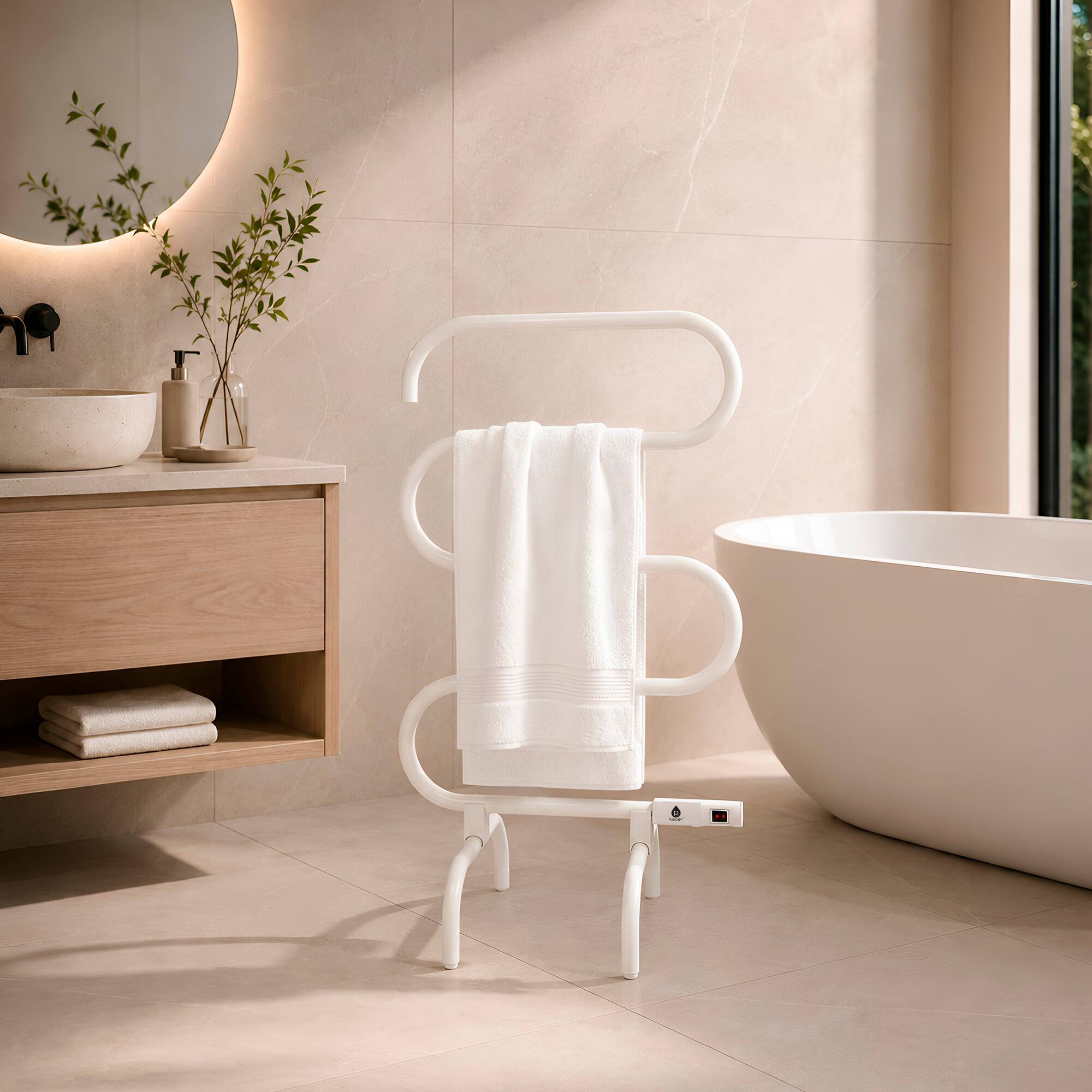 Left. Pursonic - Electric Heated Towel Warmer Rack – Wall-Mount or Freestanding - White.