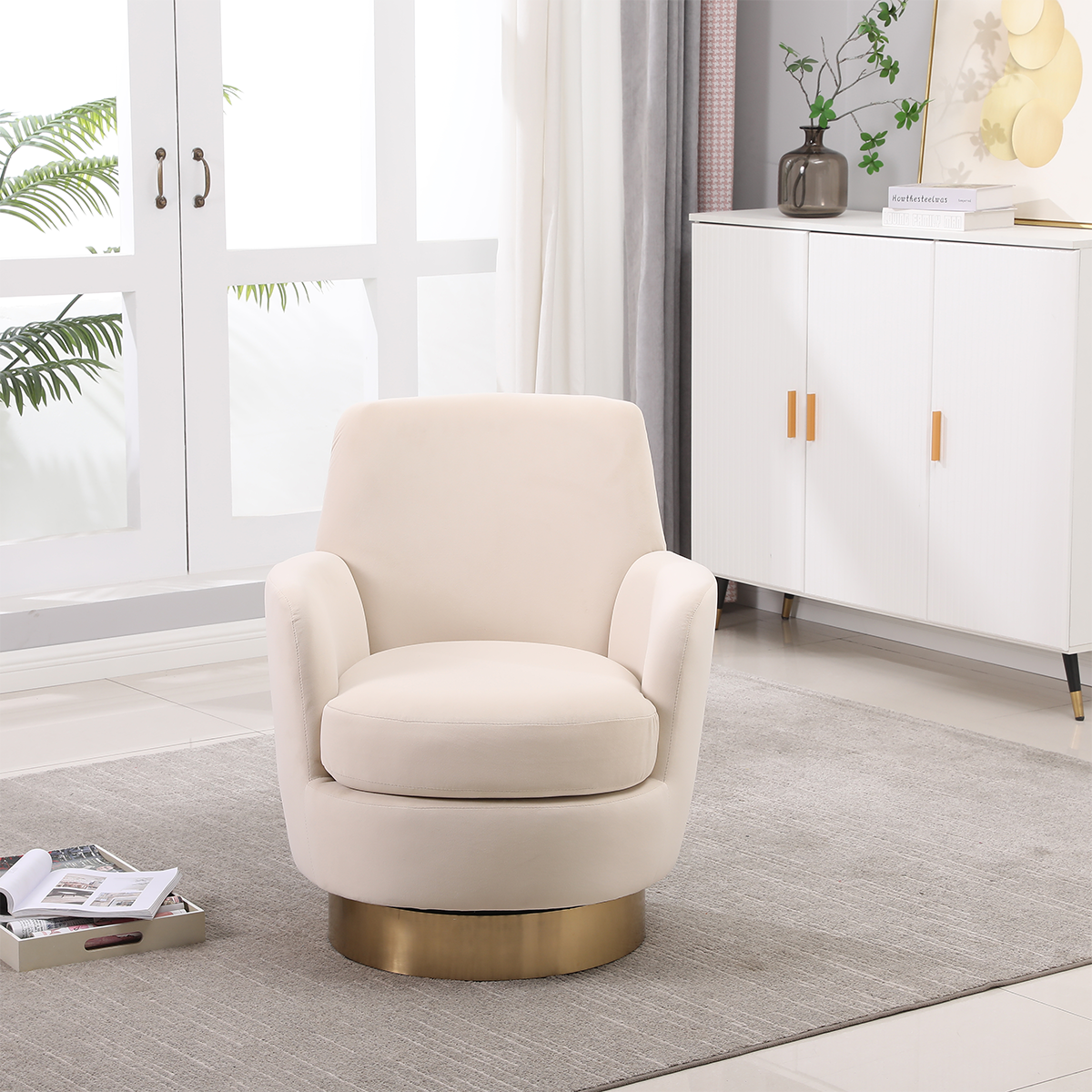 Alt View 4. Trinkets Crazed - Swivel Barrel Chair,Modern Comfy Velvet Upholstered Round Swivel Accent Chairst,360 Degree Single Sofa Chair Armchair - Beige.