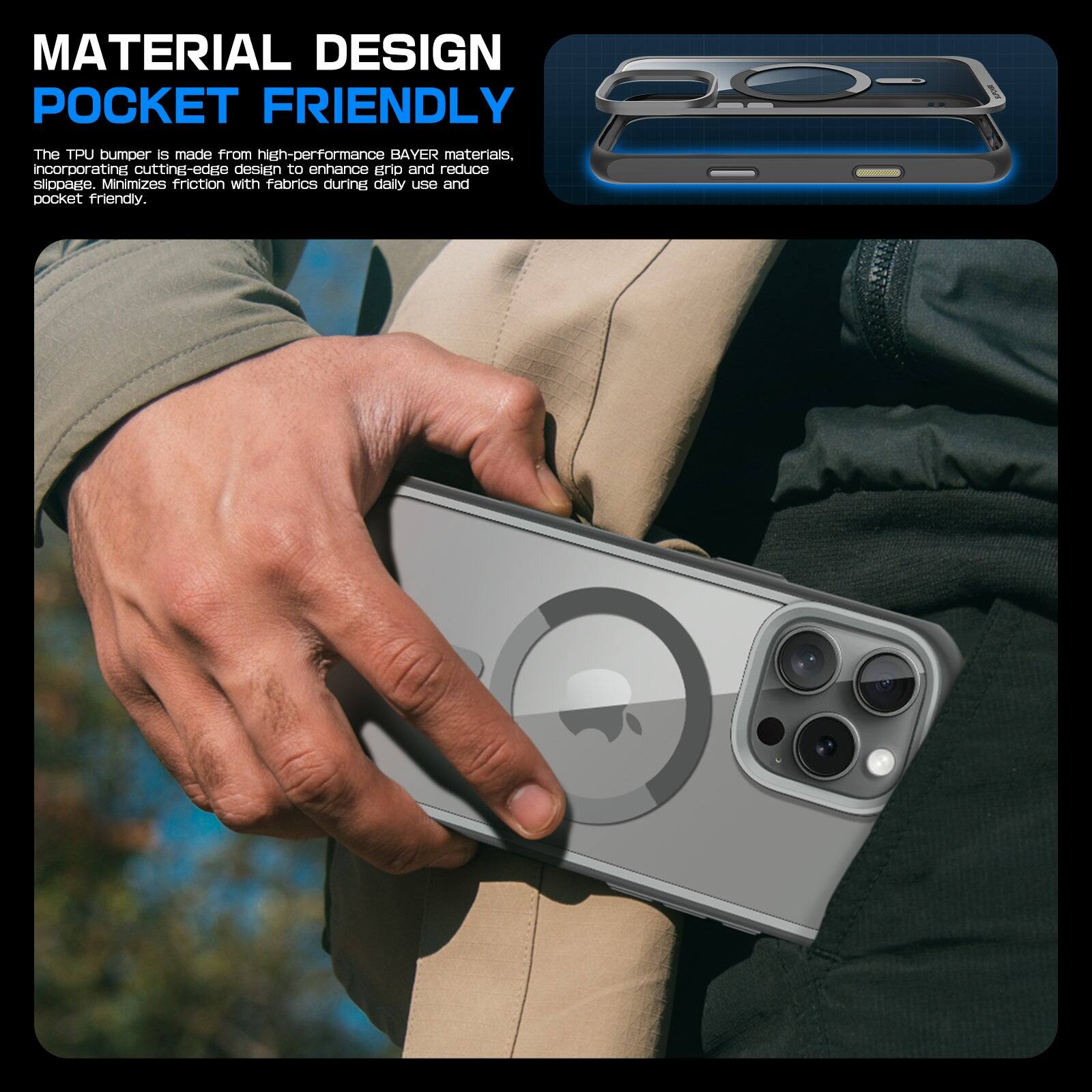 **MATERIAL DESIGN POCKET FRIENDLY**

The TPU bumper is made from high-performance BAYER materials, incorporating cut-and-edge design to enhance grip and reduce slippage. Minimizes friction with fabrics during daily use and is pocket-friendly.