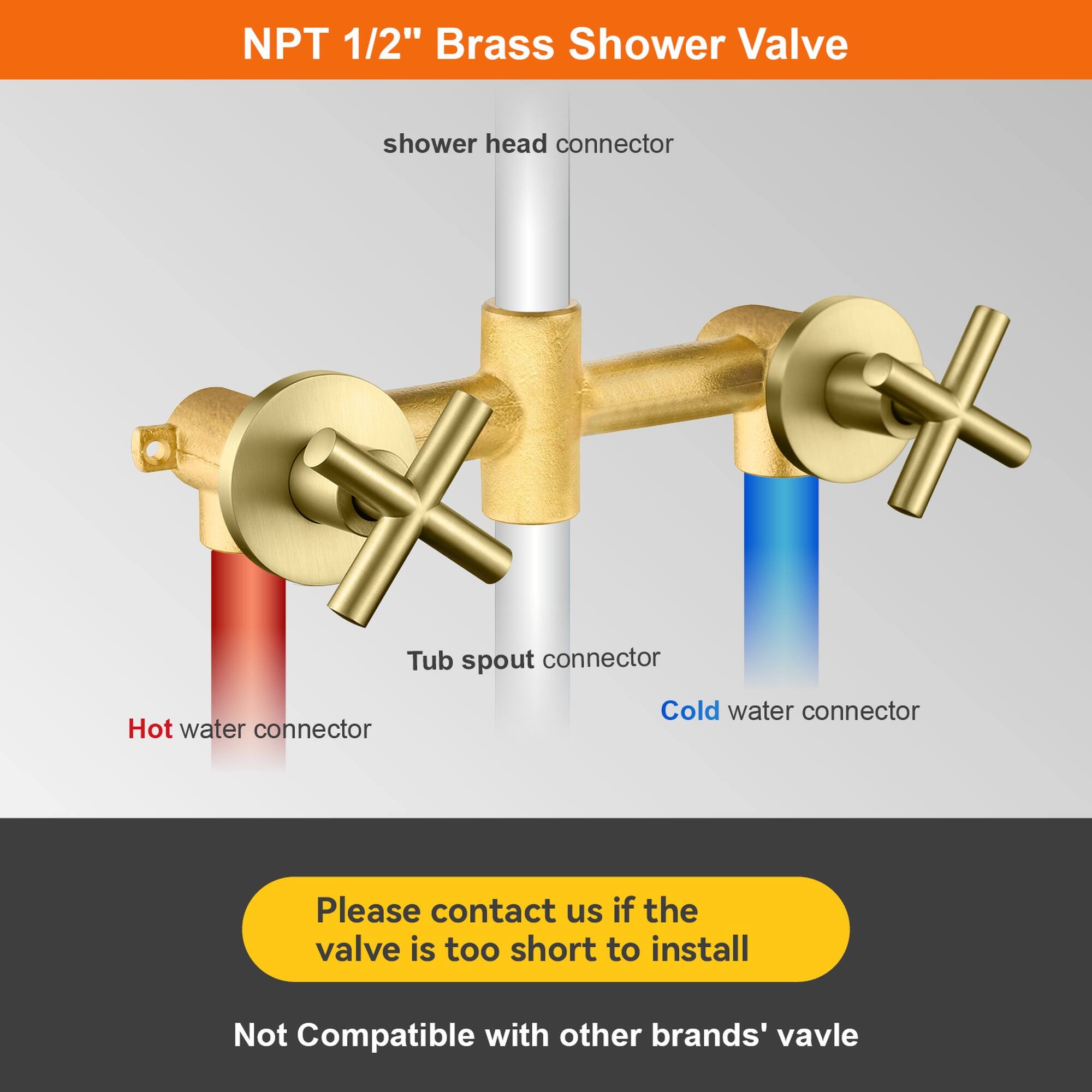 NPT 1/2" Brass Shower Valve

- Shower head connector
- Tub spout connector
- Hot water connector
- Cold water connector

Please contact us if the valve is too short to install

Not Compatible with other brands' valve