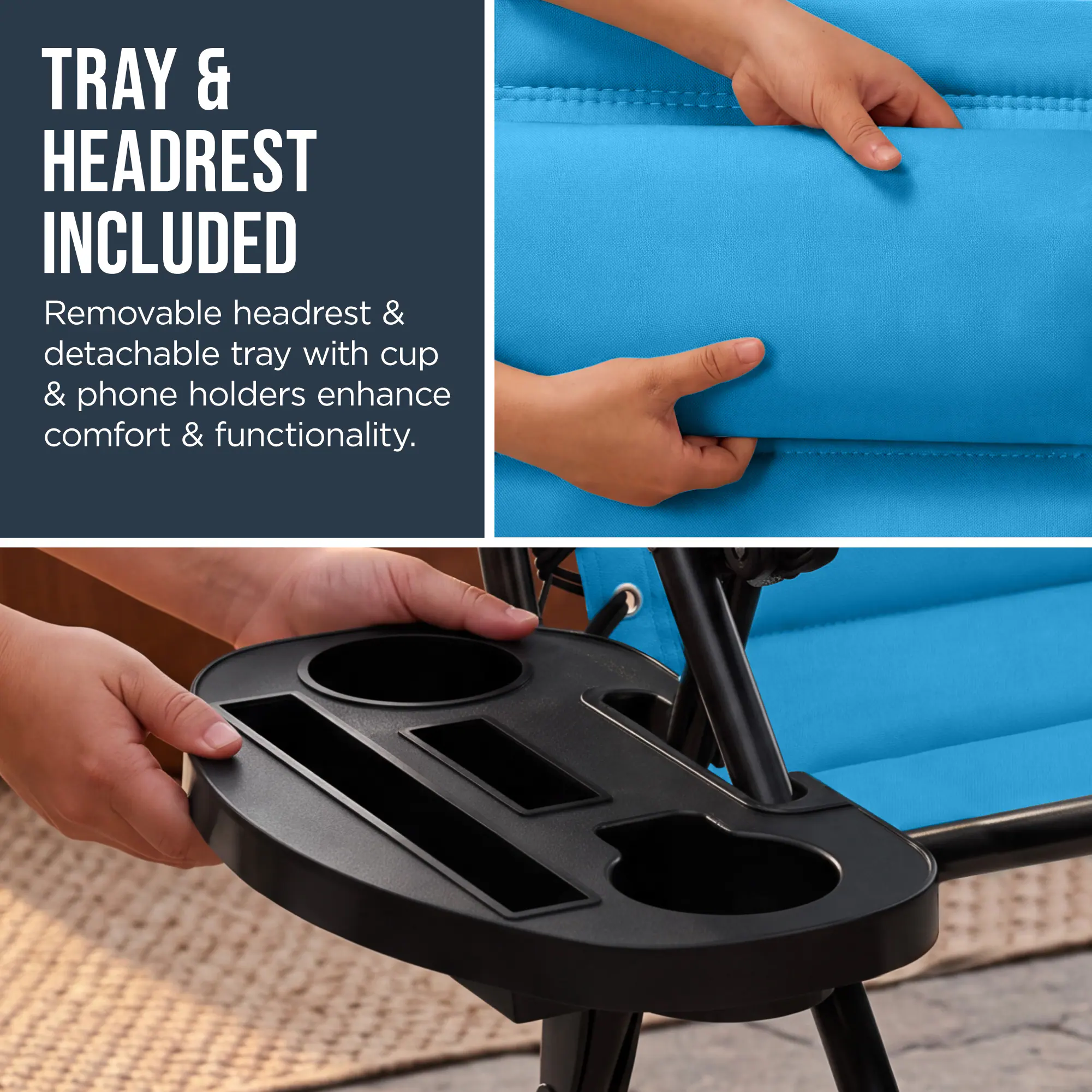 TRAY & HEADREST INCLUDED

Removable headrest & detachable tray with cup & phone holders enhance comfort & functionality.