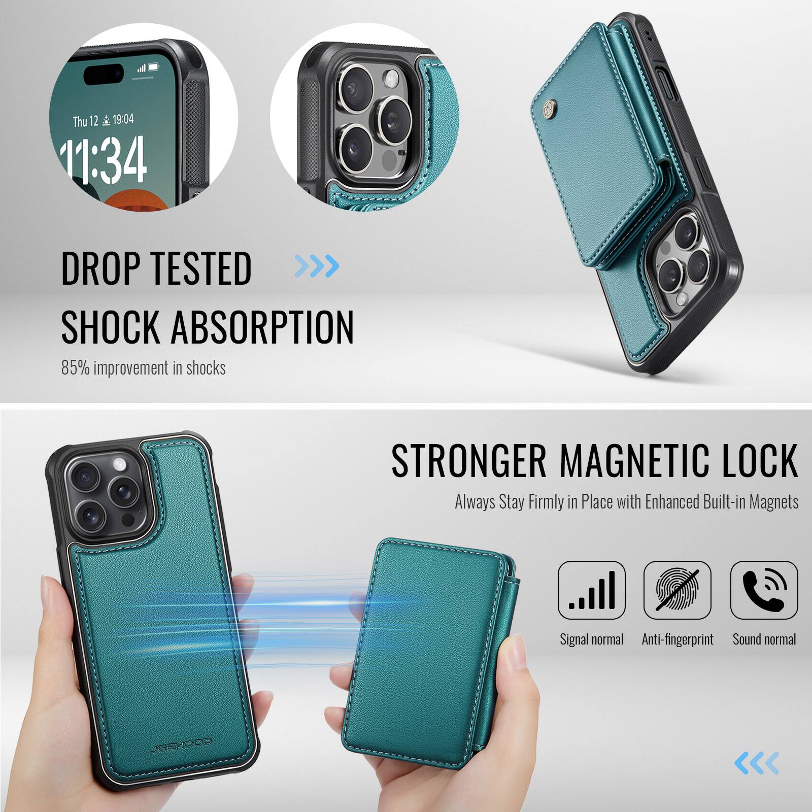 - **Drop Tested**
  - Shock Absorption
  - 85% improvement in shocks

- **Stronger Magnetic Lock**
  - Always Stay Firmly in Place with Enhanced Built-in Magnets

- **Signal normal**
- **Anti-fingerprint**
- **Sound normal**