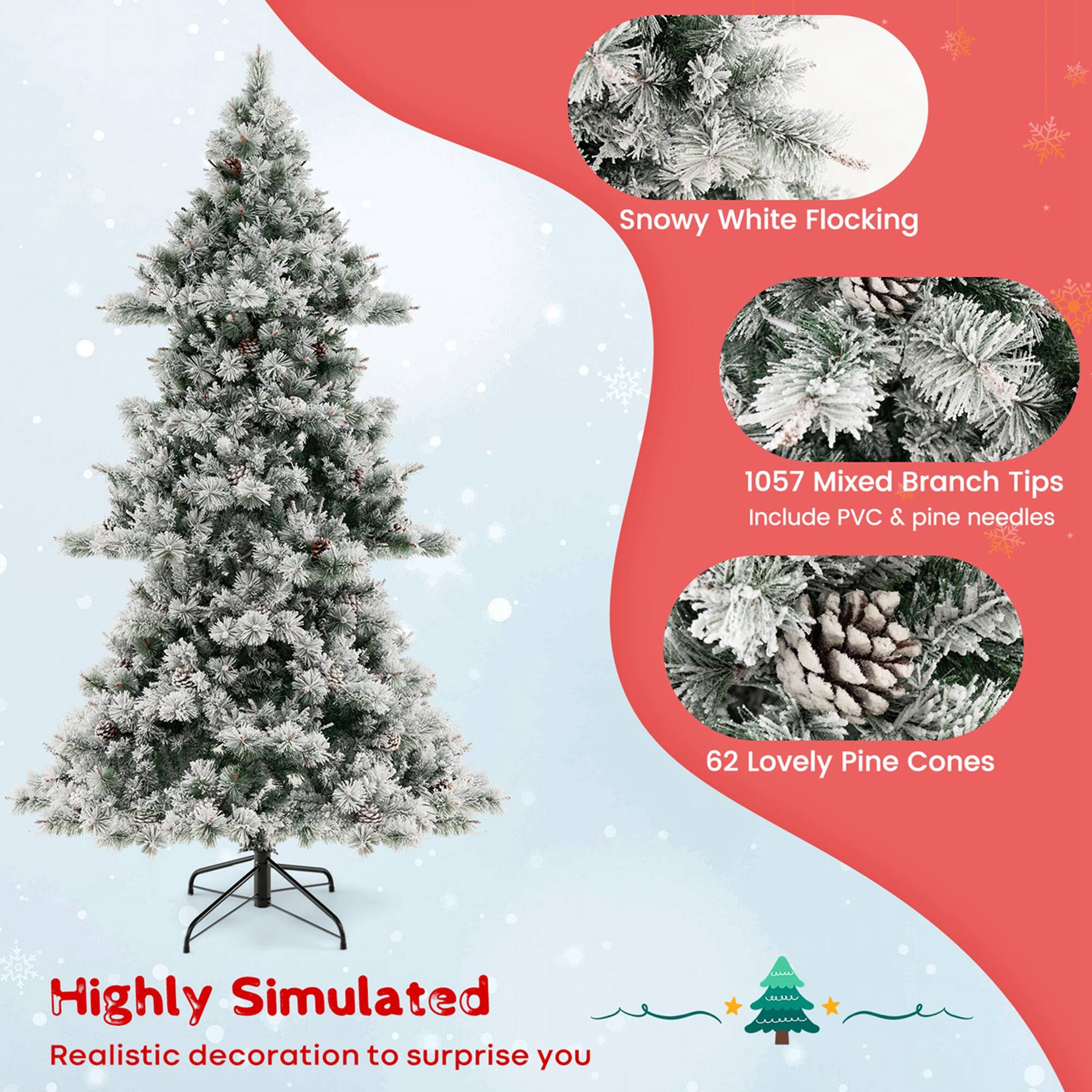 The text on the image is grouped as follows:

1. Snowy White Flocking: This refers to the snowy white flocking on the Christmas tree, which adds a realistic and decorative touch to the tree.
2. 1057 Mixed Branch Tips: This refers to the mixed branch tips included in the package, which can be used to enhance the appearance of the tree.
3. Include PVC & pine needles: This refers to the inclusion of PVC and pine needles in the package, which can be used to further decorate the tree.
4. 62 Lovely Pine Cones: This refers to the 62 lovely pine cones included in the package, which can be used to add a natural and festive touch to the tree.
5. Highly Simulated: This refers to the highly simulated appearance of the Christmas tree, which is designed to look realistic and impressive.
6. Realistic decoration to surprise you: This refers to the overall goal of the package, which is to provide a realistic decoration that will surprise and delight the user.
