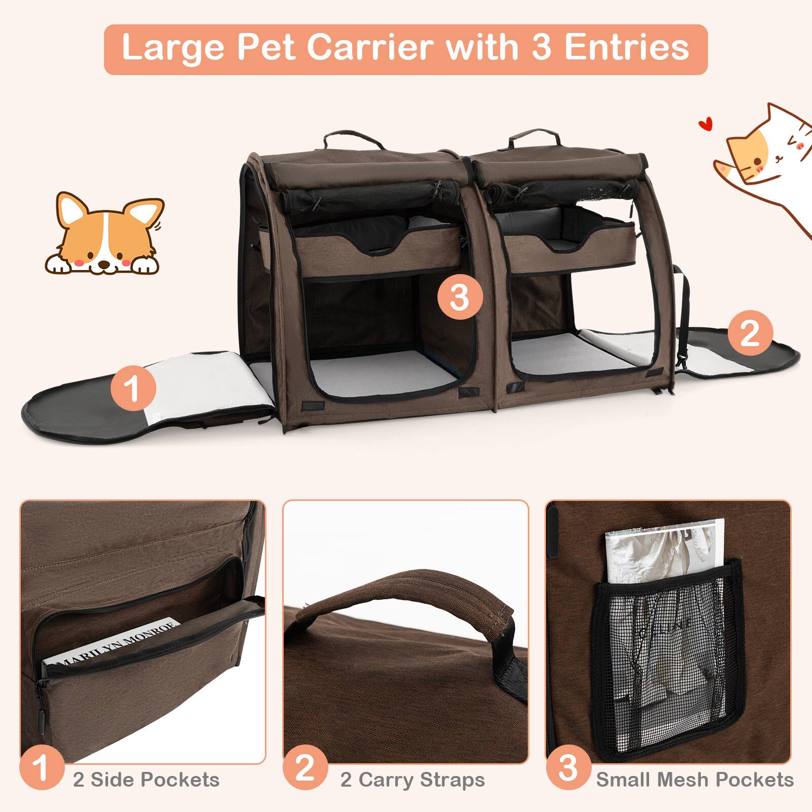 Large Pet Carrier with 3 Entries be  3 2 1 NOSROE MARILYS 1 2 Side Pockets 2 2 Carry Straps 3 Small Mesh Pockets