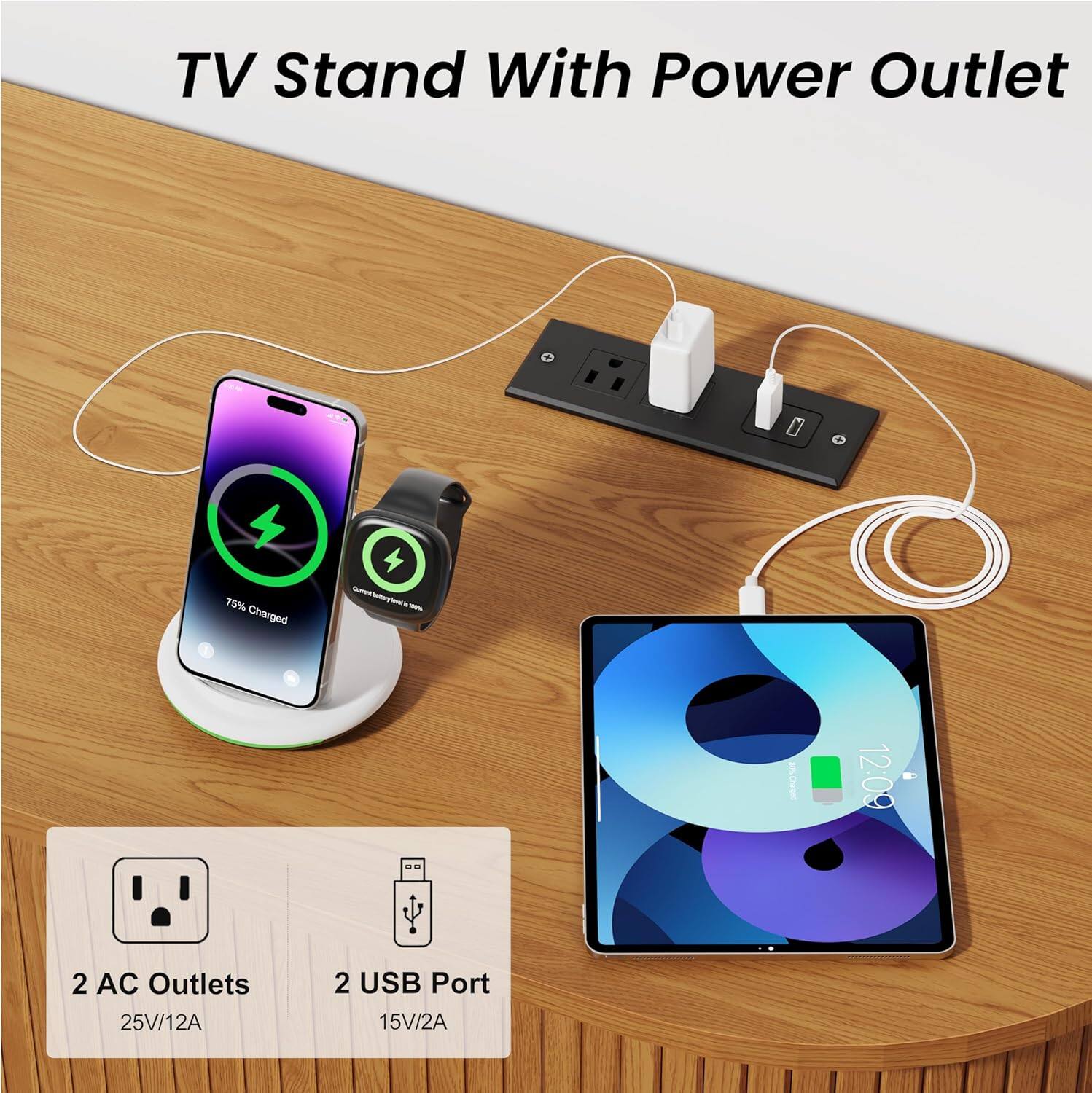 TV Stand With Power Outlet

2 AC Outlets  
25V/12A

2 USB Port  
15V/2A