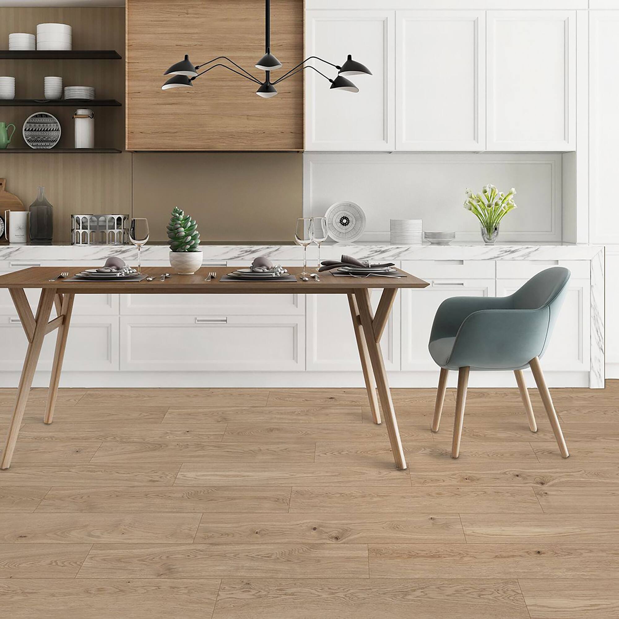 Angle. Dotfloor - Superoak SEKET Laminate Flooring - 48"x7.7" Planks, 8 Planks/Box (20.56 sq ft/Box), 12mm Thick, AC4 Wear Rating - Noon Hickory.