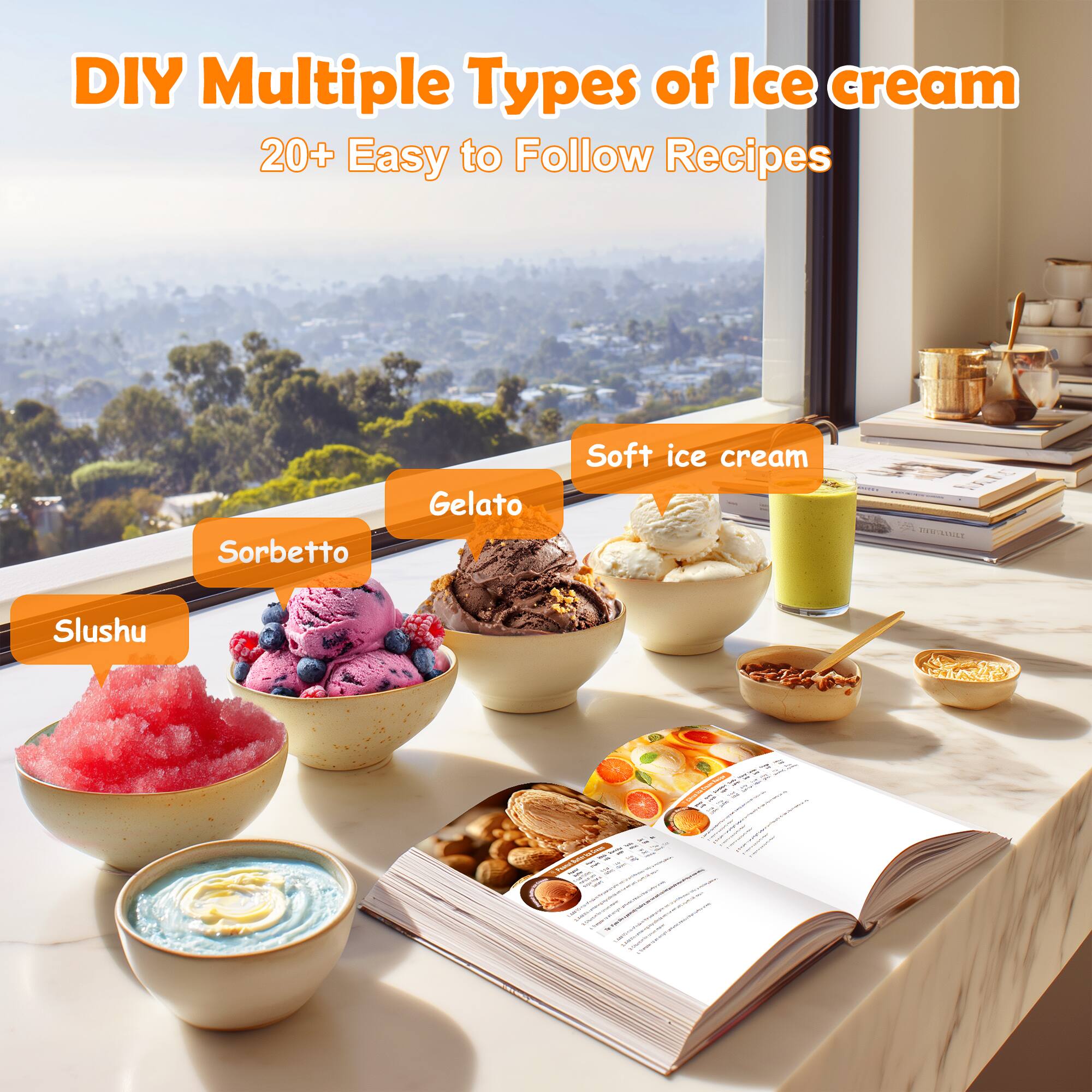 DIY Multiple Types of Ice Cream  
20+ Easy to Follow Recipes  

- Sorbetto  
- Gelato  
- Soft Ice Cream  
- Slushu