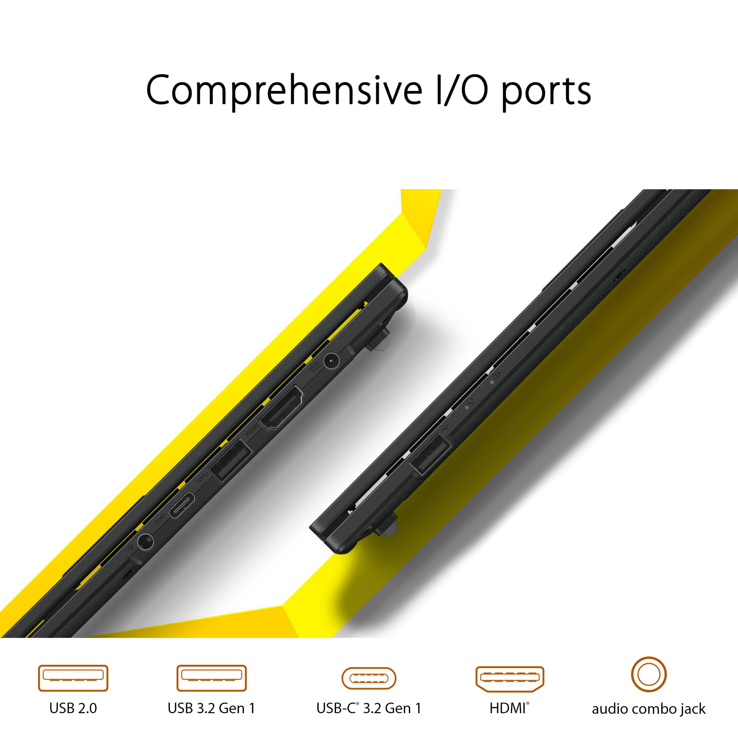 Comprehensive I/O ports: USB 2.0, USB 3.2 Gen 1, USB-C, HDMI, and audio combo jack.