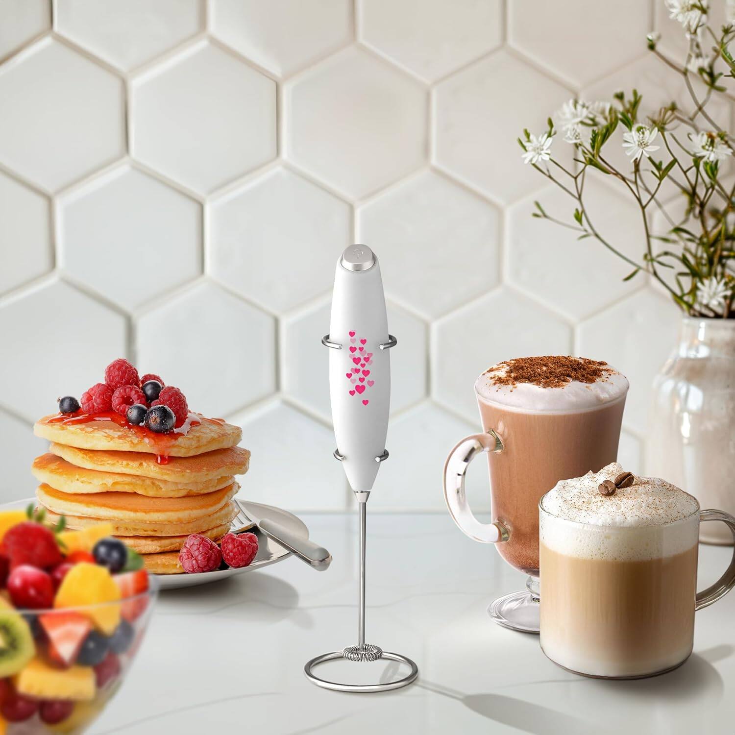 Angle. Zulay Kitchen - Zulay Kitchen Powerful Milk Frother Wand - Ultra Fast Handheld Drink Mixer - Milk Boss White with Hearts - White.