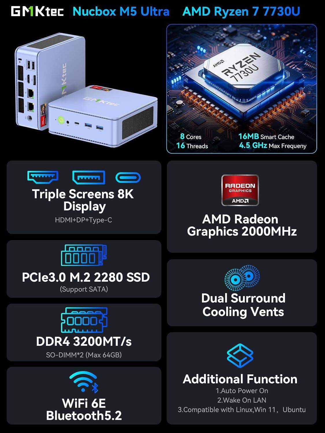 GMKtec Nucbox M5 Ultra  
AMD Ryzen 7 7730U  
8 Cores 16 Threads  
16MB Smart Cache  
4.5 GHz Max Frequency  
Triple Screens 8K Display HDMI+DP+Type-C  
AMD Radeon Graphics 2000MHz  
PCIe3.0 M.2 2280 SSD (Support SATA)  
Dual Surround Cooling Vents  
DDR4 3200MT/s SO-DIMM*2 (Max 64GB)  
WiFi 6E Bluetooth5.2  
Additional Function:  
1. Auto Power On  
2. Wake On LAN  
3. Compatible with Linux, Win 11, Ubuntu