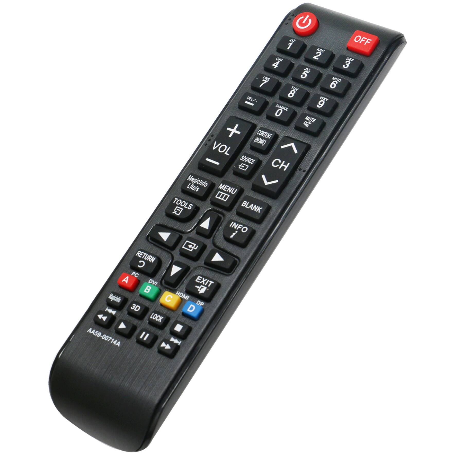 1 ON 2 OFF  
CMI 3 DEY 4 4 PRS 5 MMD 6 8 WYY - D SYUND 9 0 MUTE  
A + CONTENT (HOME) VOL - SOURCE CH  
Lite/s Magicinfo MENU 0 TOOLS BLANK Q INFO i G RETURN  
PC A DVI EXIT  
Vgilto C HDMI OP H 3D D 4 LOCK  
AA59-00714A