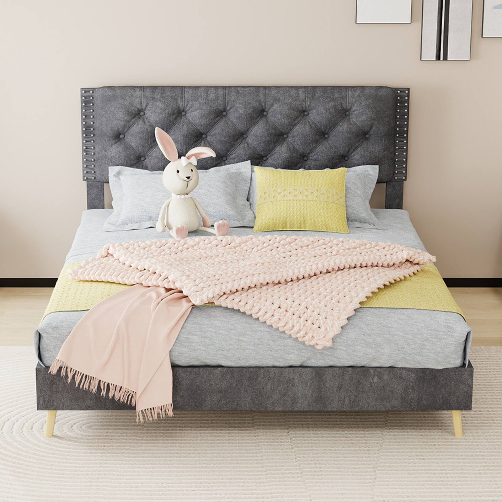 Alt View 2. Loheer - Loheer Gray Velvet Queen Bed Frame Sturdy Upholstered Platform Bed - Grey.
