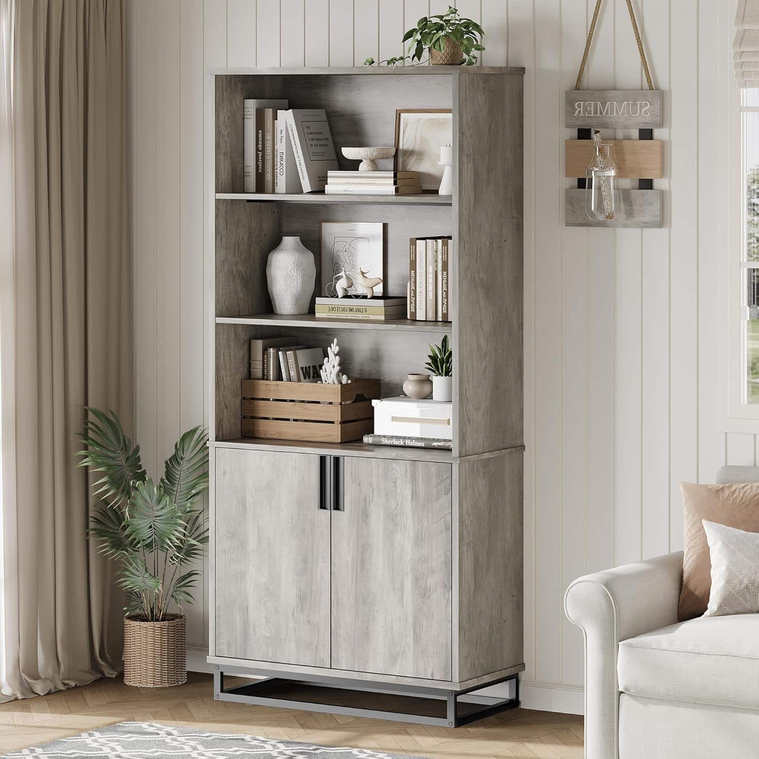 Homhougo - 70.6" Tall Bookshelf with Doors and Metal Base, 5-Tier Farmhouse Bookcase with Cabinet and Adjustable Shelves - Gray