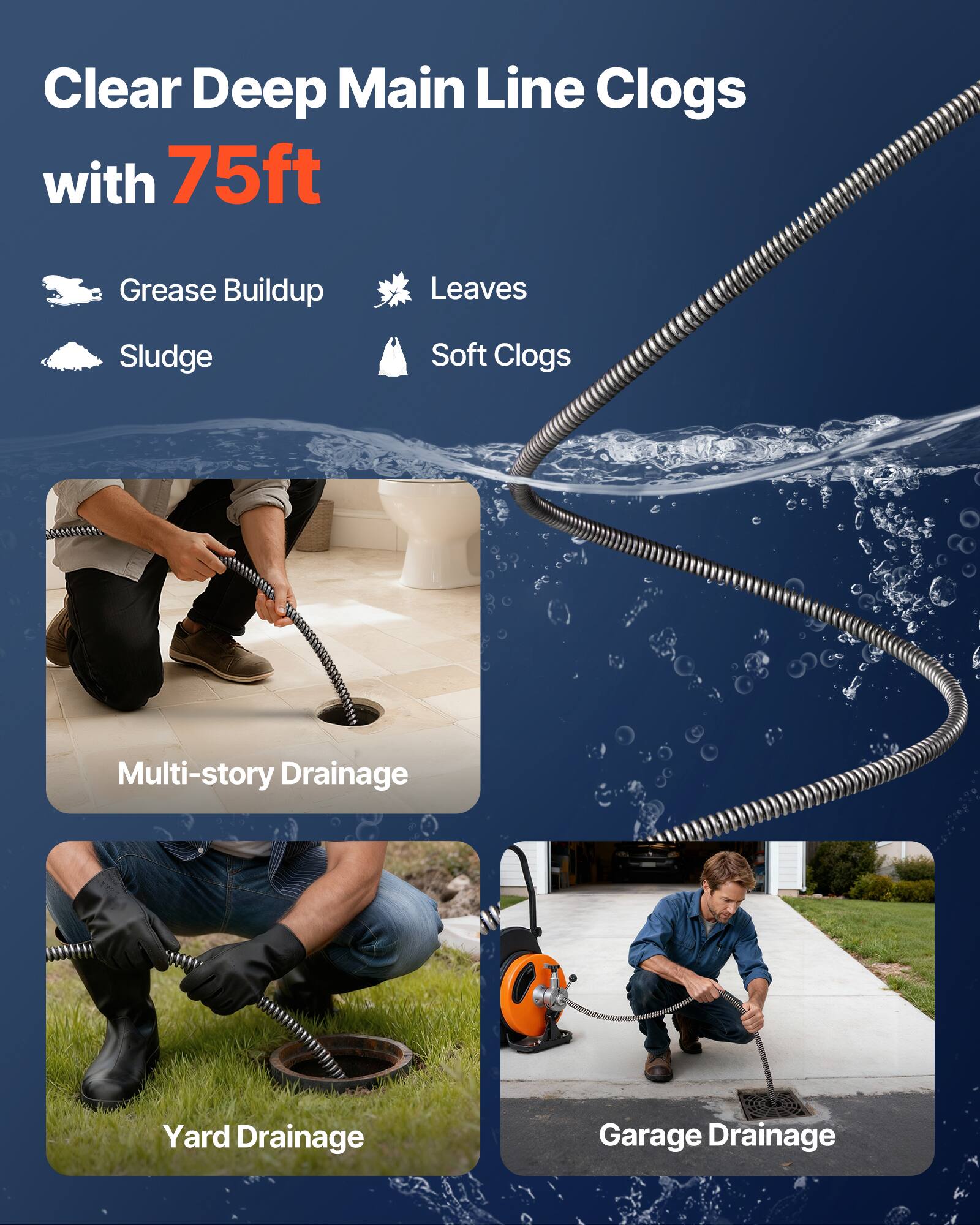 Clear Deep Main Line Clogs with 75ft

Grease Buildup
Sludge
Leaves
Soft Clogs

Multi-story Drainage
Yard Drainage
Garage Drainage