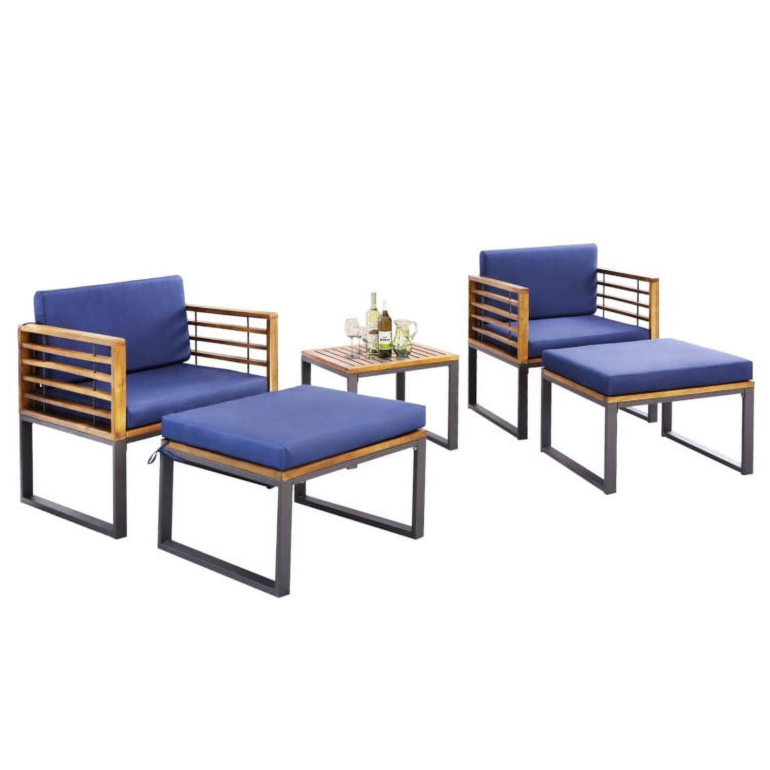 Left. Kadyn - 3 Pieces Patio Acacia Wood Conversation Set, Outdoor Furniture Garden Conversation Sets with Cushioned Armchairs-Navy - Blue.