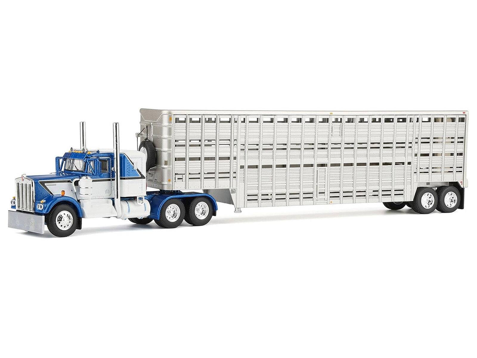 Alt View 1. First Gear - Kenworth W900A with 36" Sleeper and 45' Wilson Livestock Trailer Blue & White with Trailer 1/64 Model by DCP/First Gear.