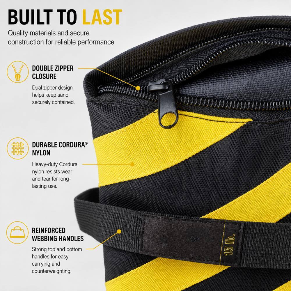 BUILT TO LAST  
Quality materials and secure construction for reliable performance

DOUBLE ZIPPER CLOSURE  
Dual zipper design helps keep sand securely contained.

DURABLE CORDURA® NYLON  
Heavy-duty Cordura nylon resists wear and tear for long-lasting use.

REINFORCED WEBBING HANDLES  
Strong top and bottom handles for easy carrying and counterweighting.