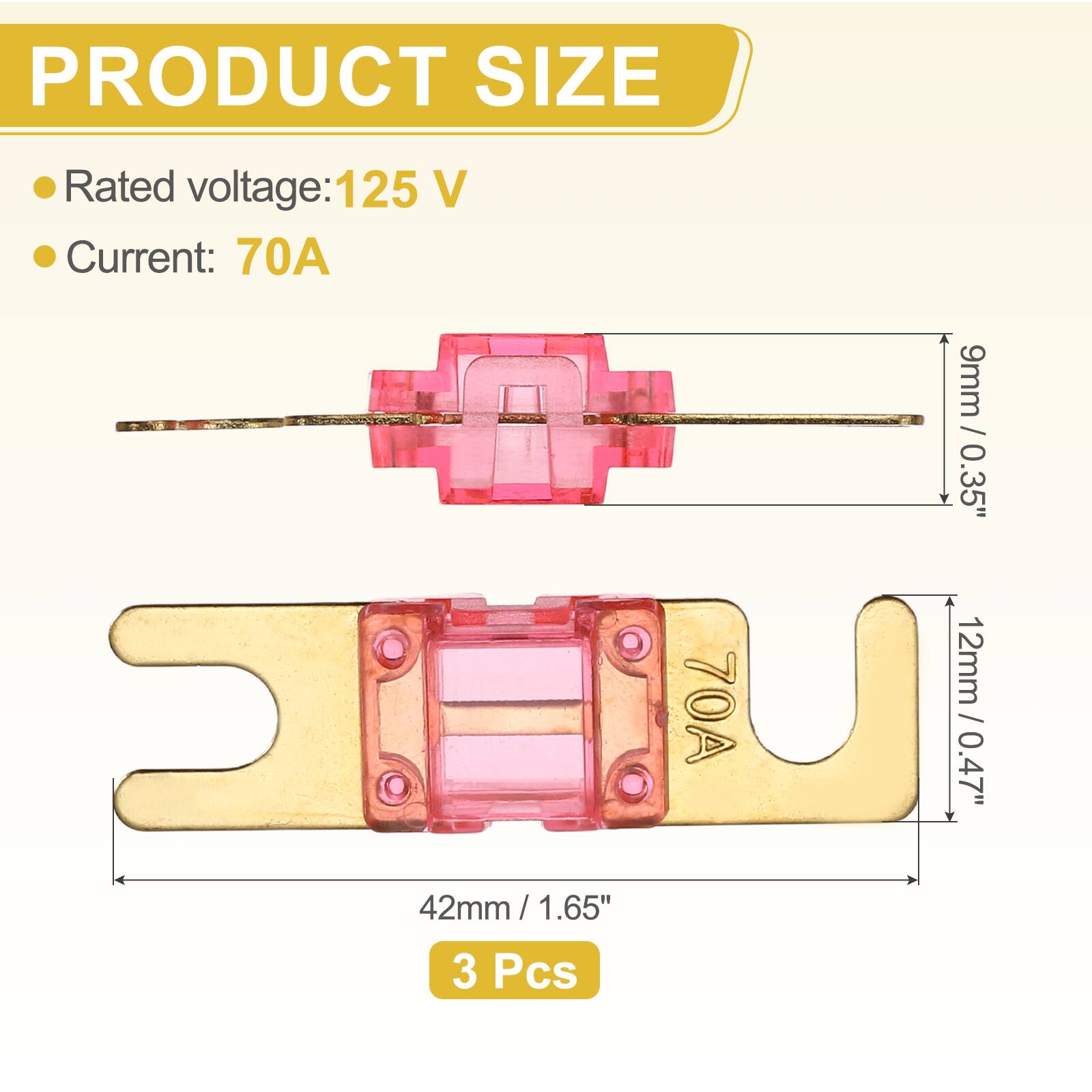 PRODUCT SIZE  
- Rated voltage: 125 V  
- Current: 70A  

- 42mm / 1.65"  
- 9mm / 0.35"  
- 12mm / 0.47"  

3 Pcs