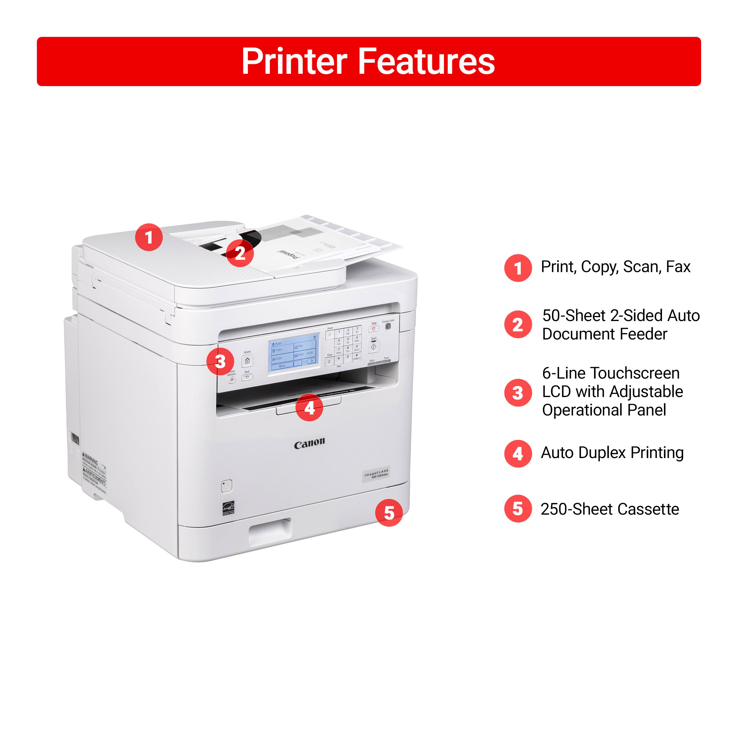 Printer Features:
1. Print, Copy, Scan, Fax
2. 50-Sheet 2-Sided Auto Document Feeder
3. 6-Line Touchscreen LCD with Adjustable Operational Panel
4. Canon
5. Auto Duplex Printing
6. 250-Sheet Cassette