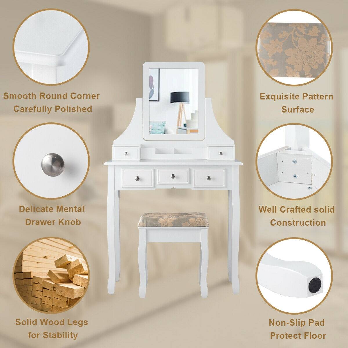 Smooth Round Corner, Carefully Polished, Exquisite Pattern Surface, Delicate Mental Drawer Knob, Well Crafted solid Construction, Solid Wood Legs for Stability, Non-Slip Pad Protect Floor