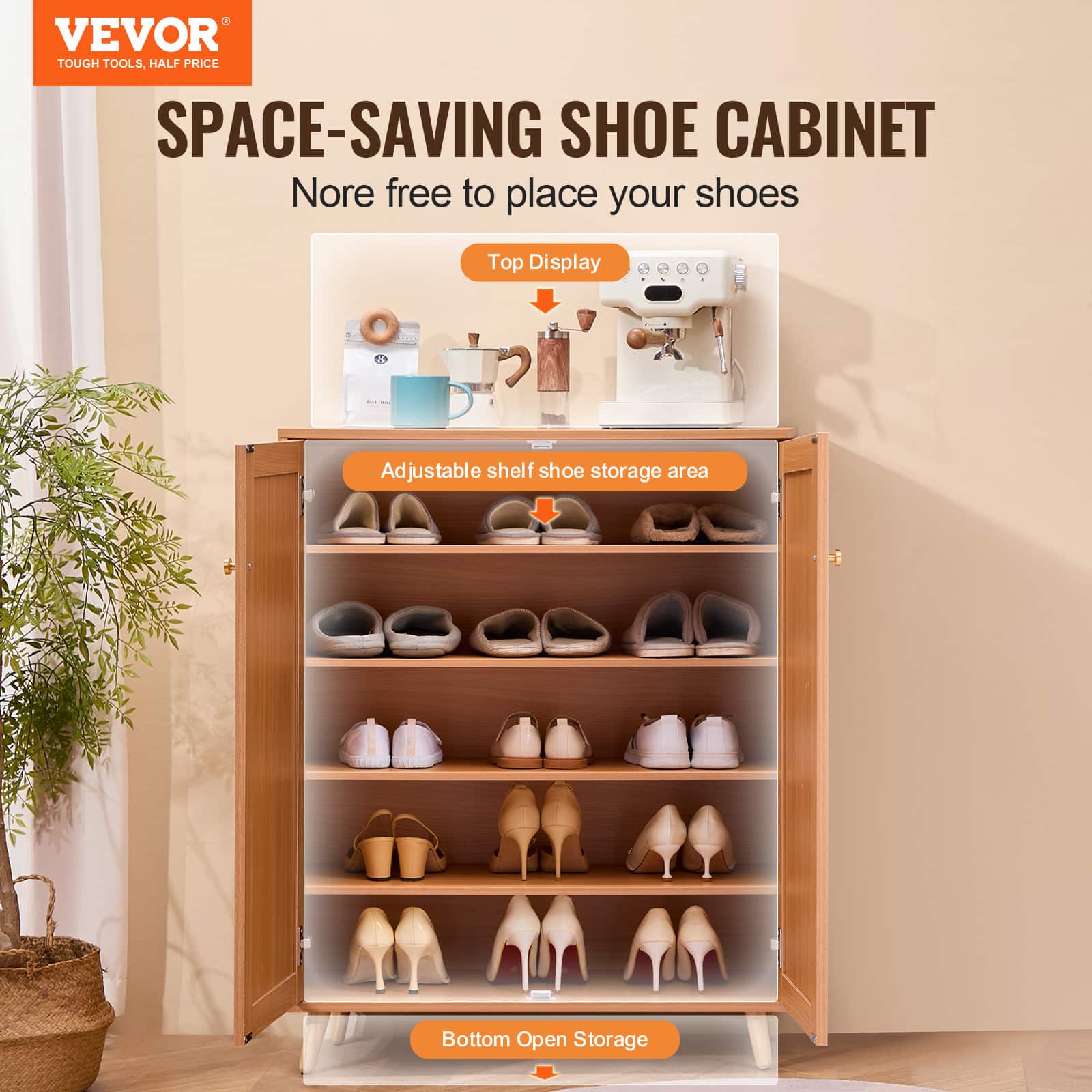 VEVOR Rattan Shoe Cabinet, 5 Tiers Shoe Storage Organizer with 2