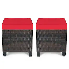 Costway - 2PCS Patio Rattan Ottoman Cushioned Seat Foot Rest Coffee Table - Red