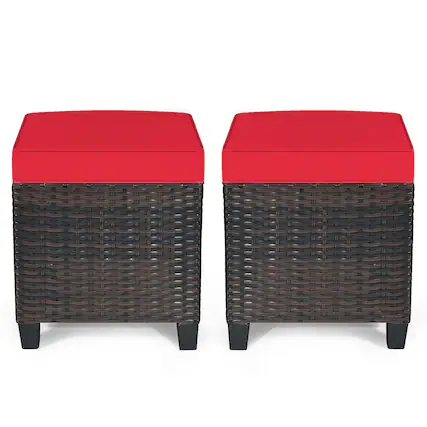 Front. Costway - 2PCS Patio Rattan Ottoman Cushioned Seat Foot Rest Coffee Table - Red.