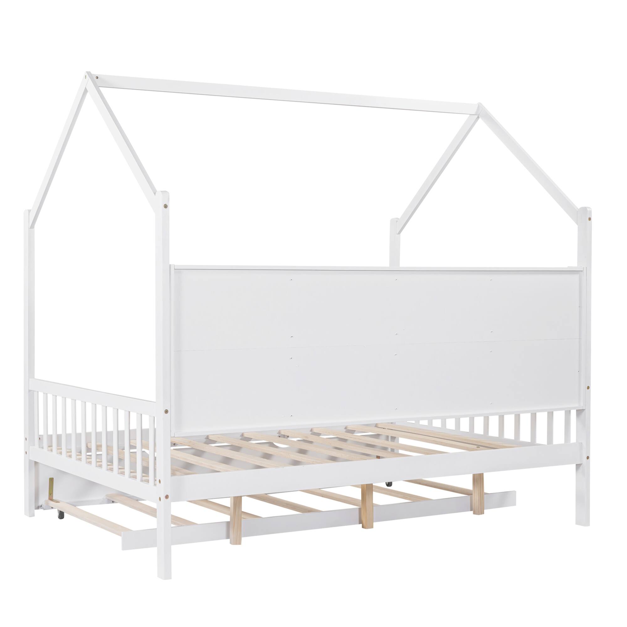 Alt View 4. GOODSILO - Full Size Wooden House Bed with Trundle and Back Shelf for Kids - Timeless Design - White.