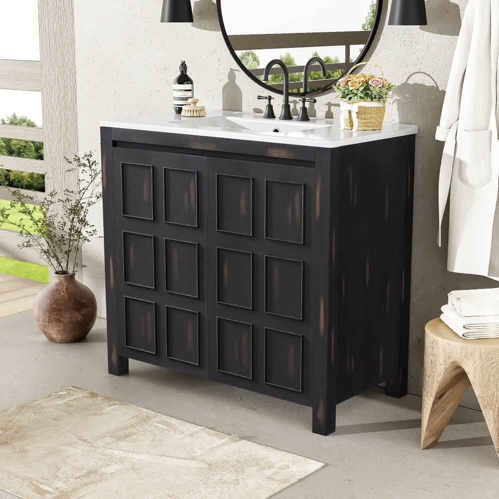 Left. Loheer - Loheer 36 inch bathroom vanity with sink, Vintage Espresso, Solid Wood Frame - Espresso.
