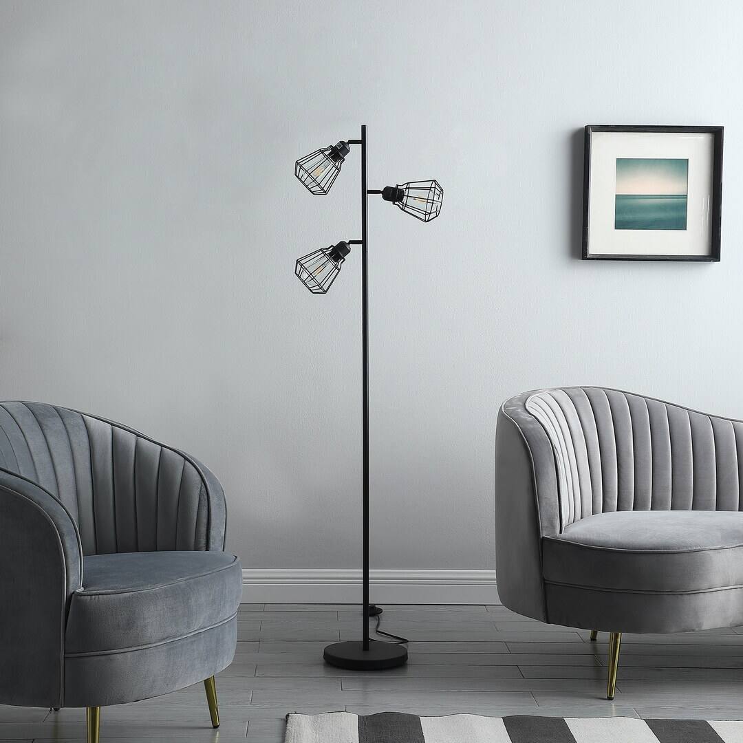 Left. APRILSOUL - 65in In Adjustable Cage Shade Industrial Farmhouse Metal Floor Lamp - Black.