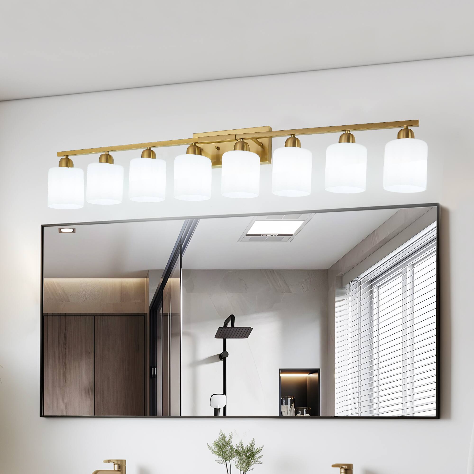 Left. HOMLUX - 51.57 in. 8 Lights Gold LED Vanity Light Bar Vanity Accent Lighting Fixtures and Metal Wall Sconces with Crystal Shade.