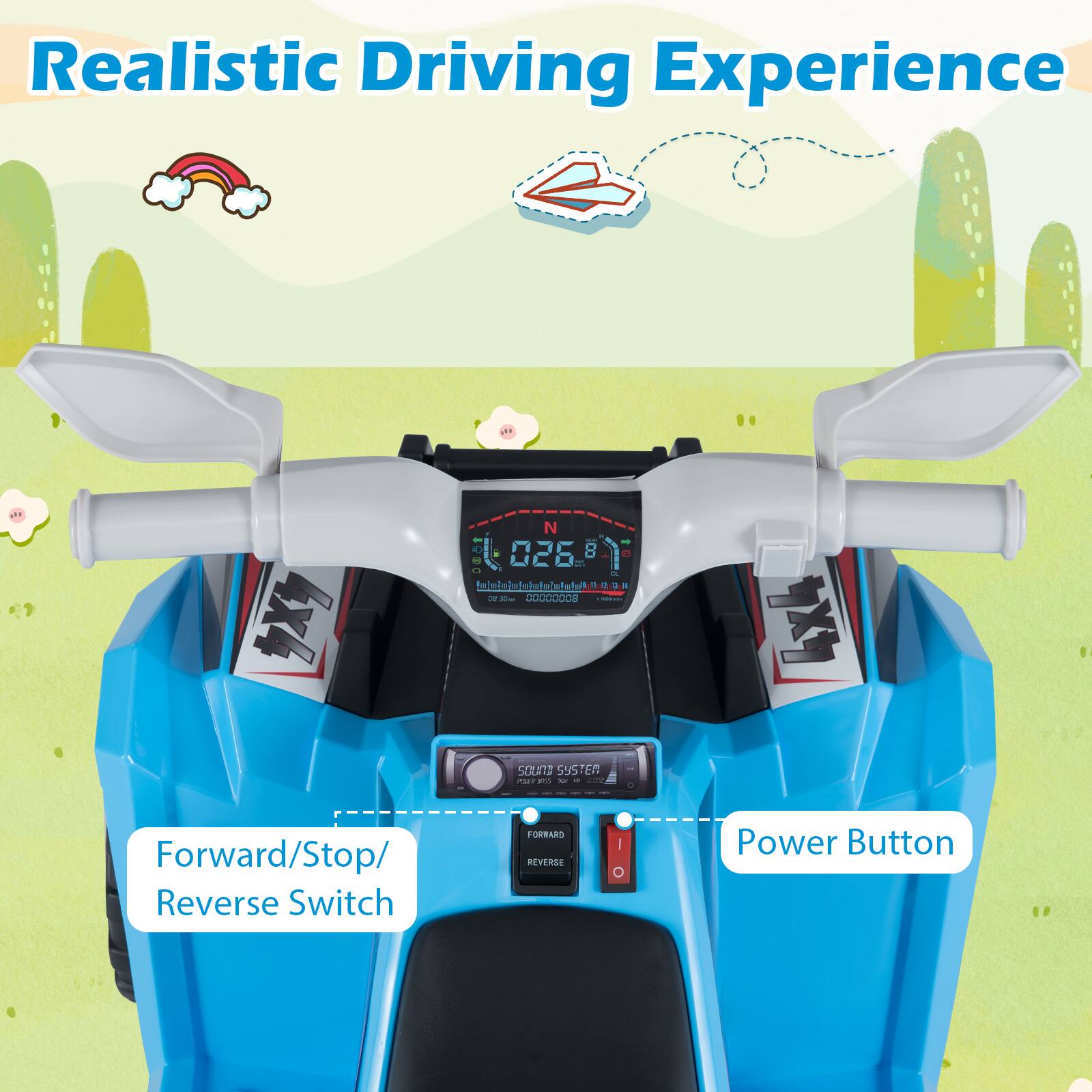 Realistic Driving Experience

4x4 N - 025 8 F Haatebal

I - de TO addaadaa 4x4 sound SYSTEM

Forward/Stop/ Reverse Switch

Power Button