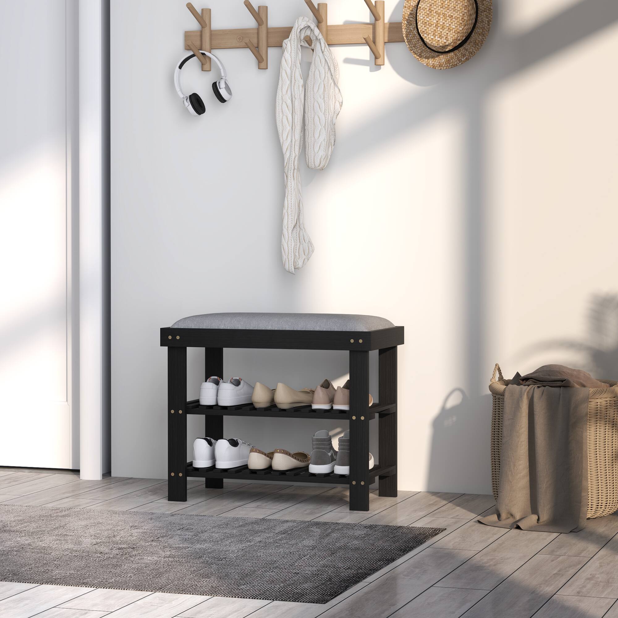 Alt View 8. Homcom - Bamboo Shoe Bench, 3-Tier Entryway Bench with Storage and Cushion, Shoe Organizer for Entryway, Hallway - Black.