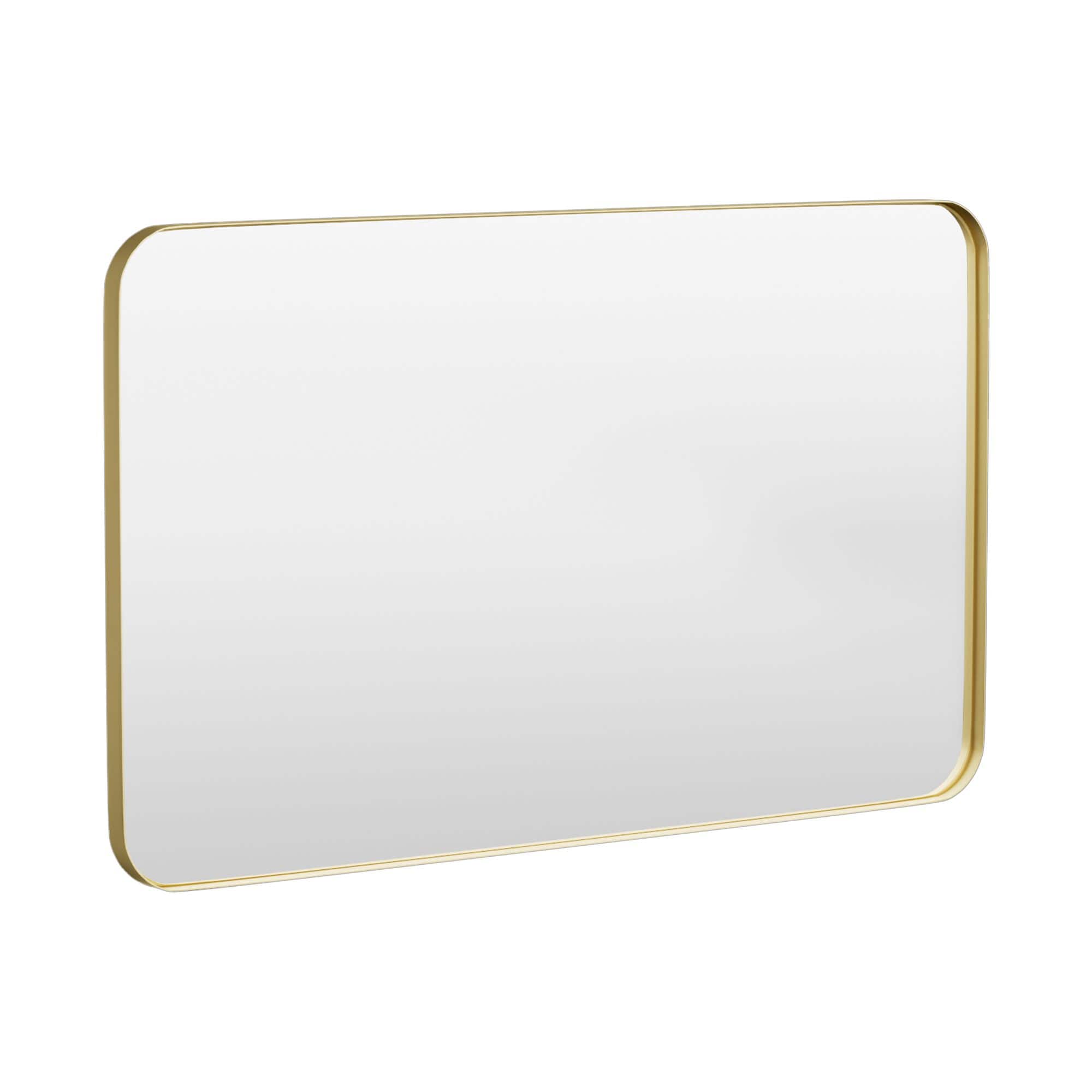 Angle. LOVMOR - Tempered Glass Rounded Rectangle Framed Wall-Mounted Bathroom Vanity Mirror - 50" x 30" - Gold.