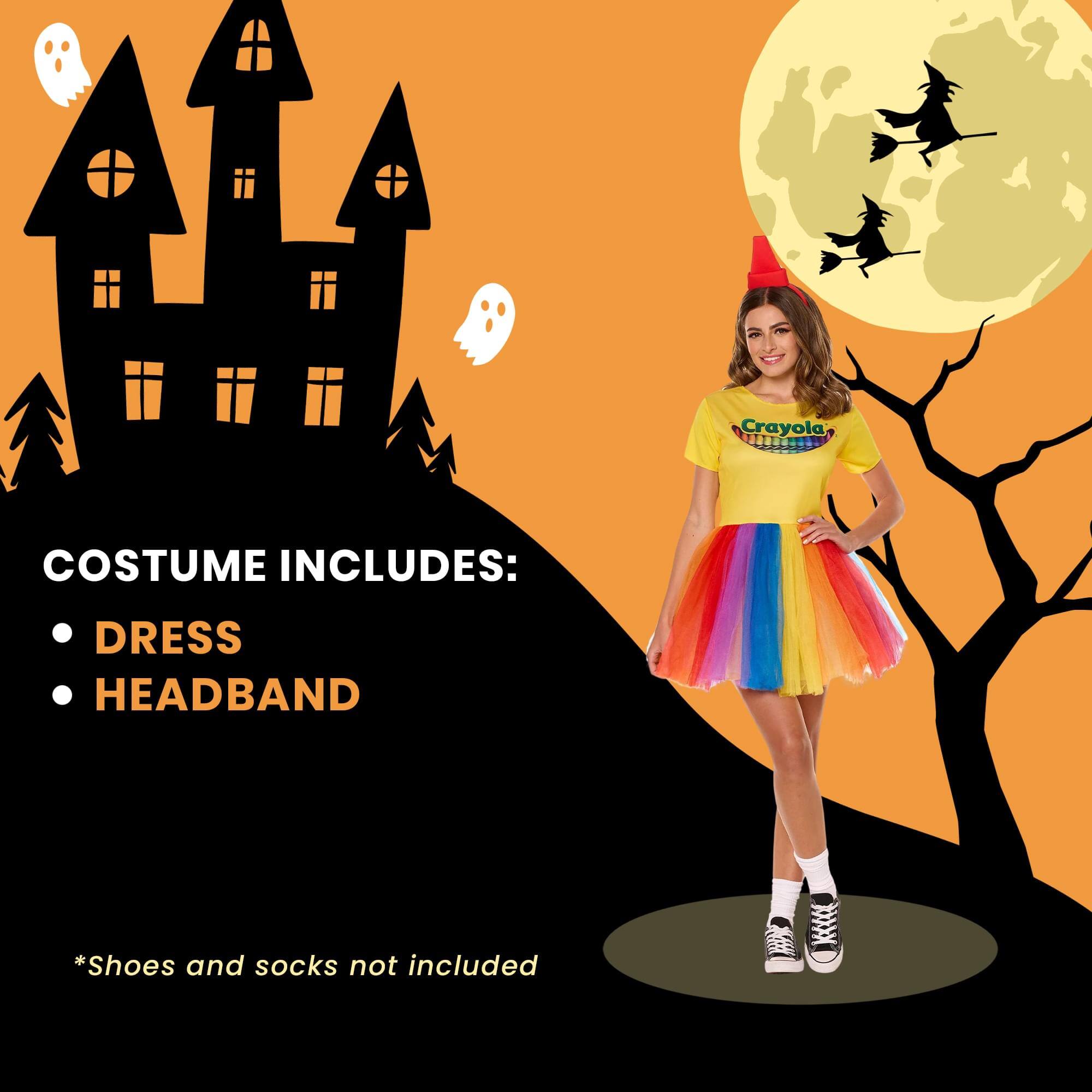 Crayola TILE0TE COSTUME INCLUDES:  
- DRESS  
- HEADBAND  

*Shoes and socks not included