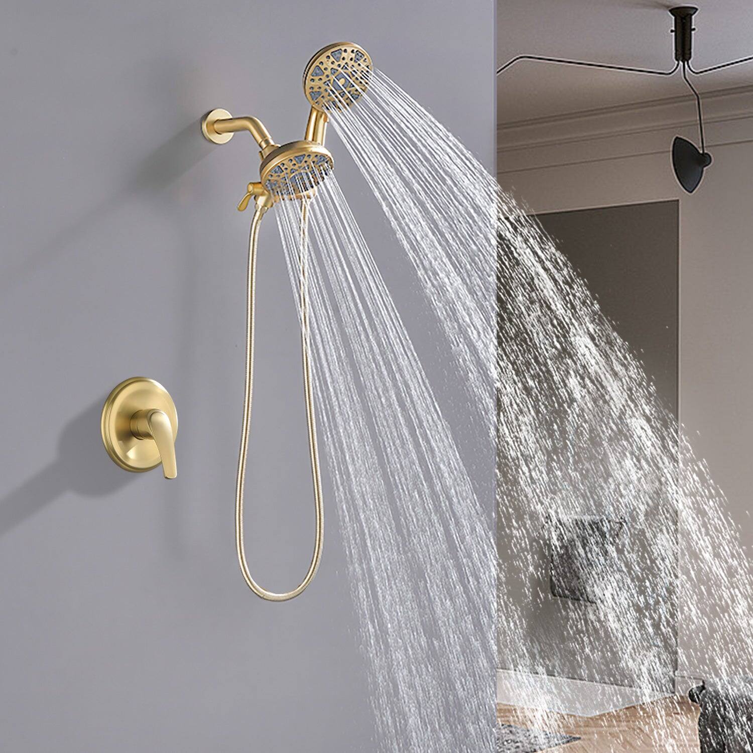 Alt View 4. Boyel Living - Brushed Gold Brass Shower Faucet Set with Pressure Balance Valve 6-Function Dual Sprayers, Stainless Steel Hose - Brushed Gold.