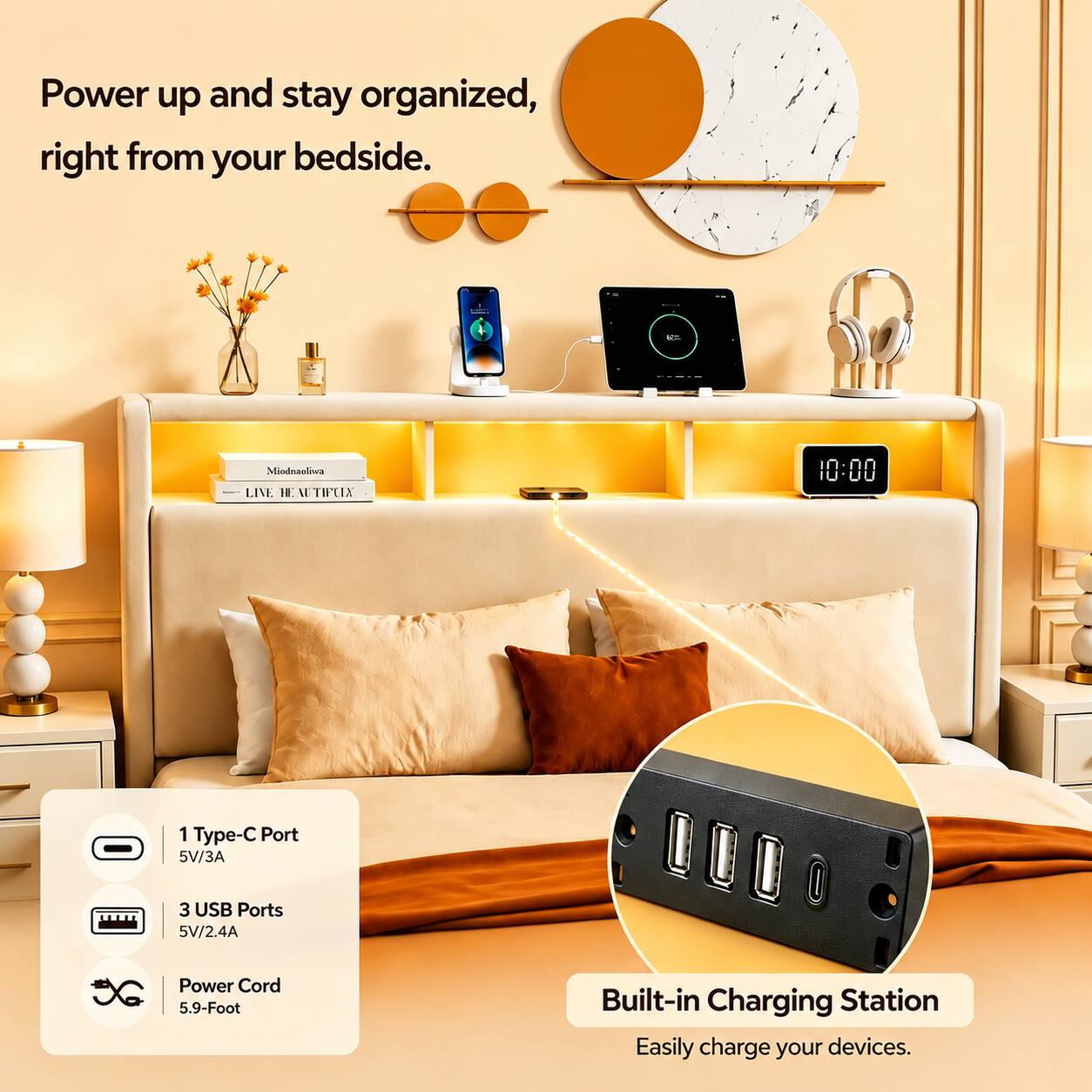 Power up and stay organized, right from your bedside.

1 Type-C Port 5V/3A
3 USB Ports 5V/2.4A
Power Cord 5.9-Foot

Built-in Charging Station
Easily charge your devices.