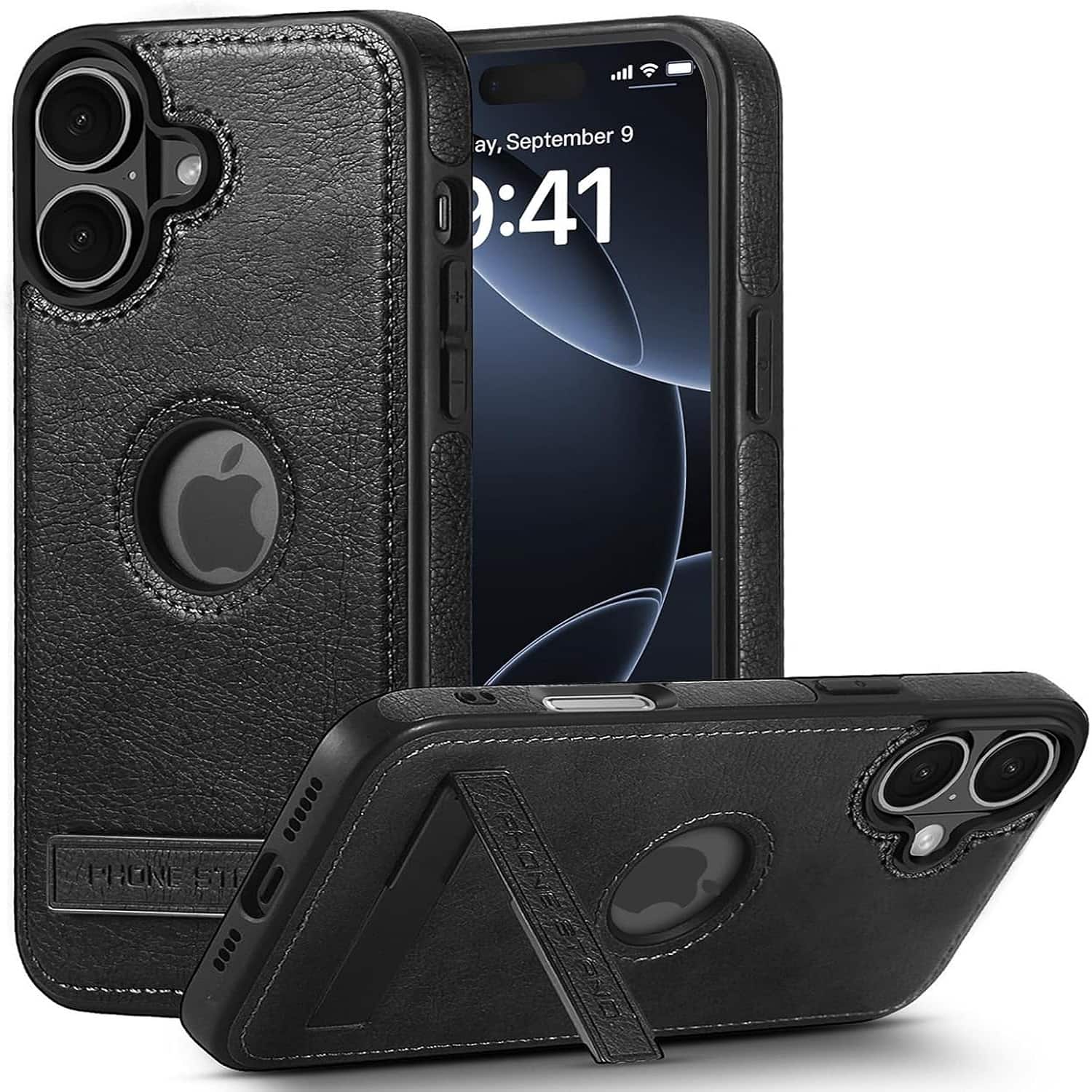Leather Case for iPhone 16 Case, Protective Slim with Kickstand Shockproof - Black