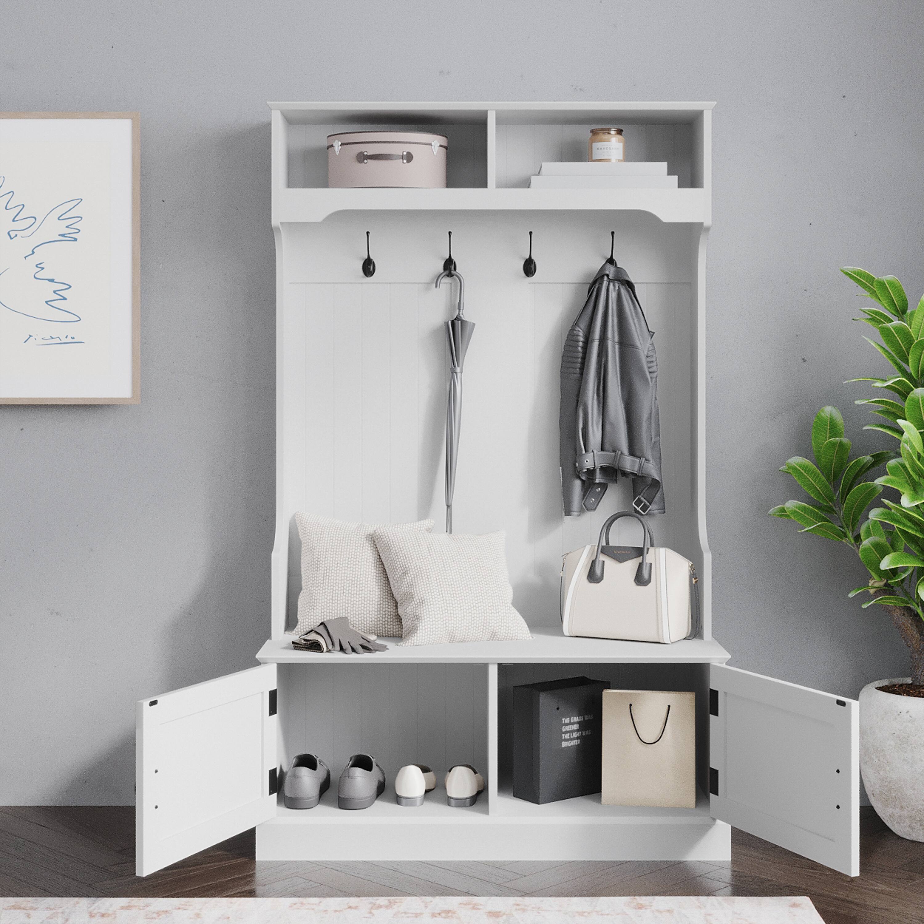 Alt View 3. Emma + Oliver - Lindy Hallway Tree with Storage Bench, Coat Hooks, and Upper Storage Compartments - White.