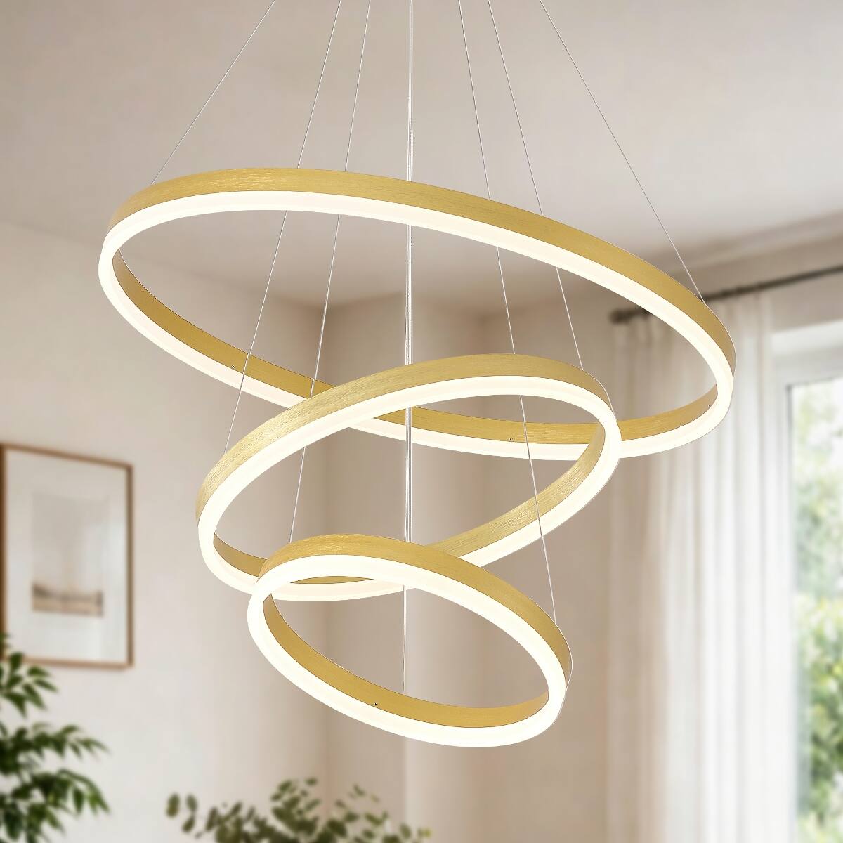 Front. Loheer - Loheer Modern Gold Three Ring LED Chandelier Dimmable Adjustable Pendant Light.