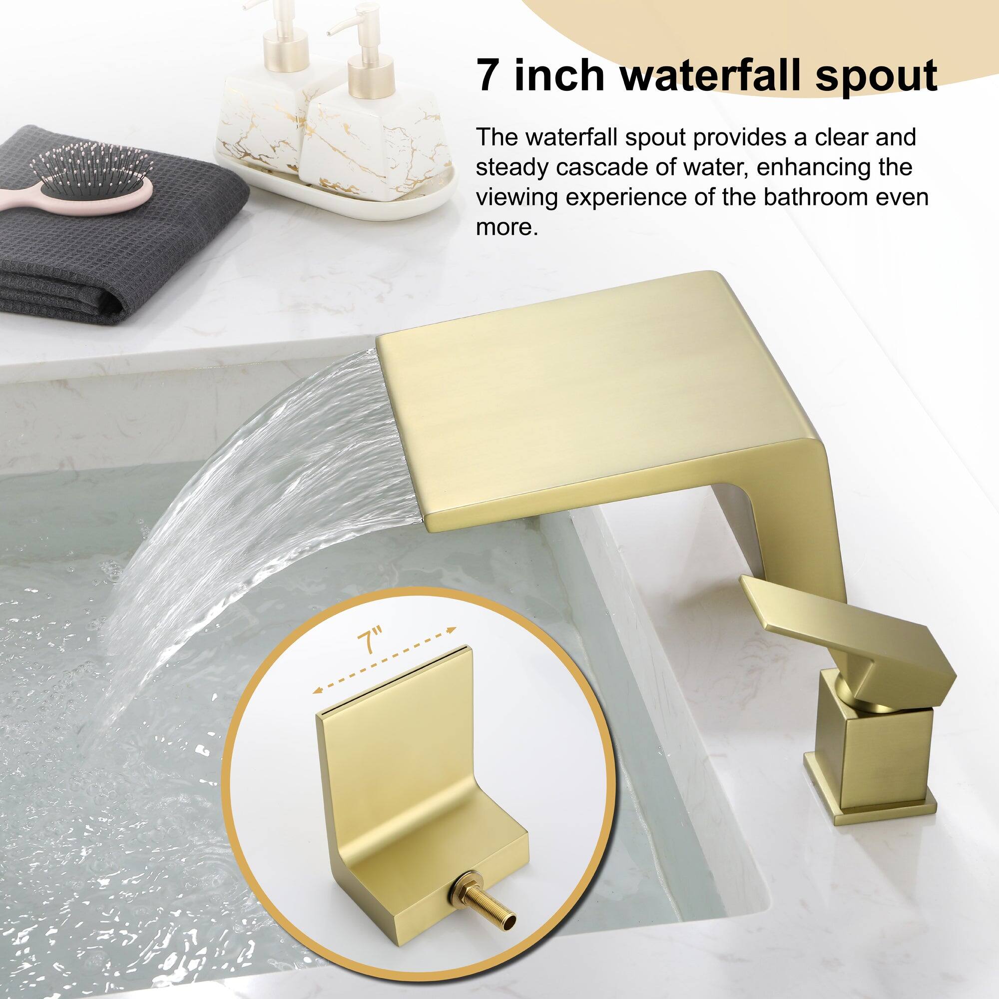 7 inch waterfall spout

The waterfall spout provides a clear and steady cascade of water, enhancing the viewing experience of the bathroom even more.
