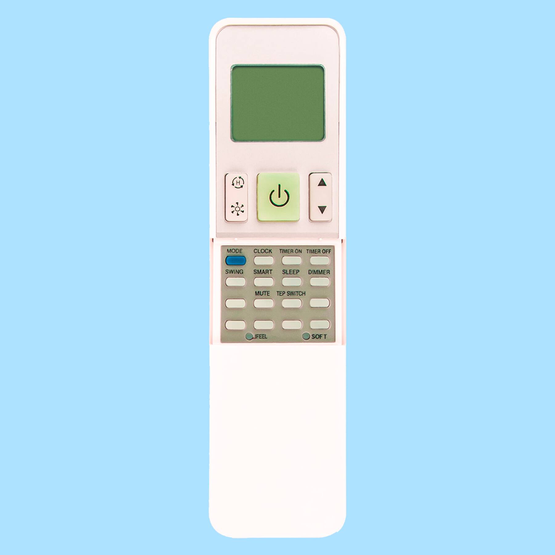 Here is the corrected and grouped text from the image:

**Top Section:**
- TIMER ON TIMER OFF
- SLEEP DIMMER

**Middle Section:**
- MODE CLOCK
- SWING SMART
- MUTE STEP SWITCH
- PEEL SOFT

**Bottom Section:**
- FEEL

**Buttons:**
- (Icons for power, mode, swing, etc.)