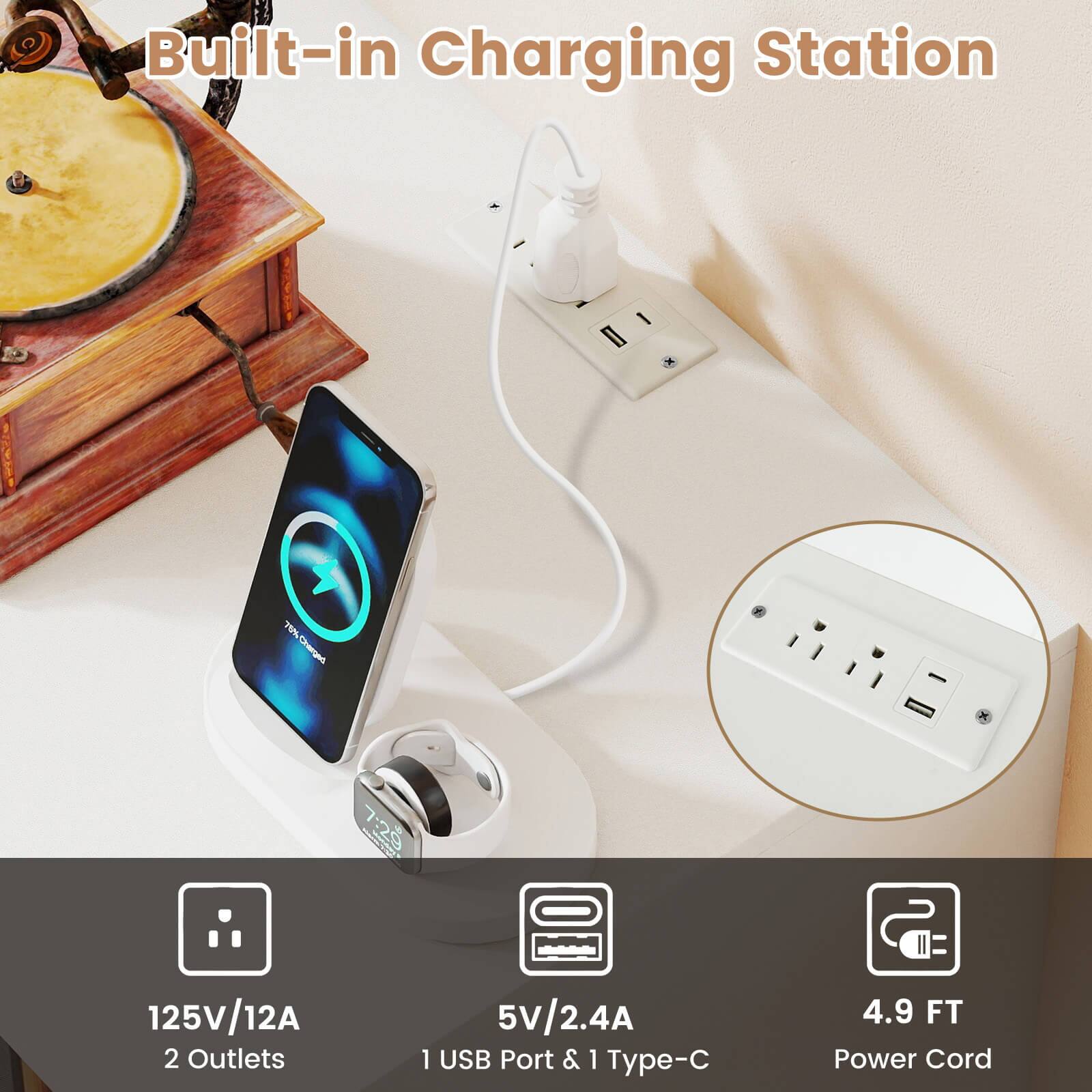 Built-in Charging Station

- 125V/12A
- 2 Outlets
- 5V/2.4A
- 1 USB Port & 1 Type-C
- 4.9 FT Power Cord