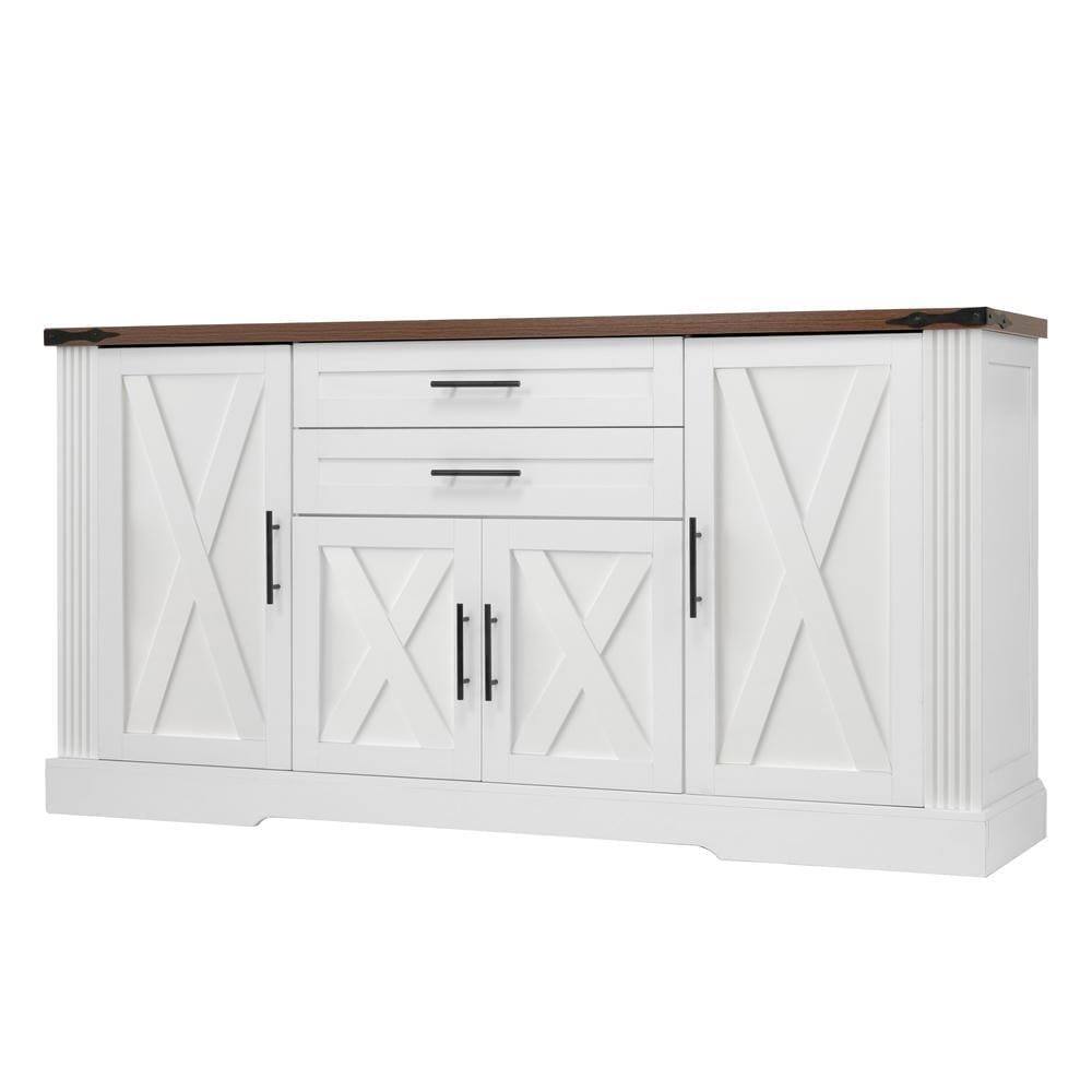 Back. Kadyn - 63" Barn Door Storage Cabinet with Drawers for Coffee Bar Station - White - White.