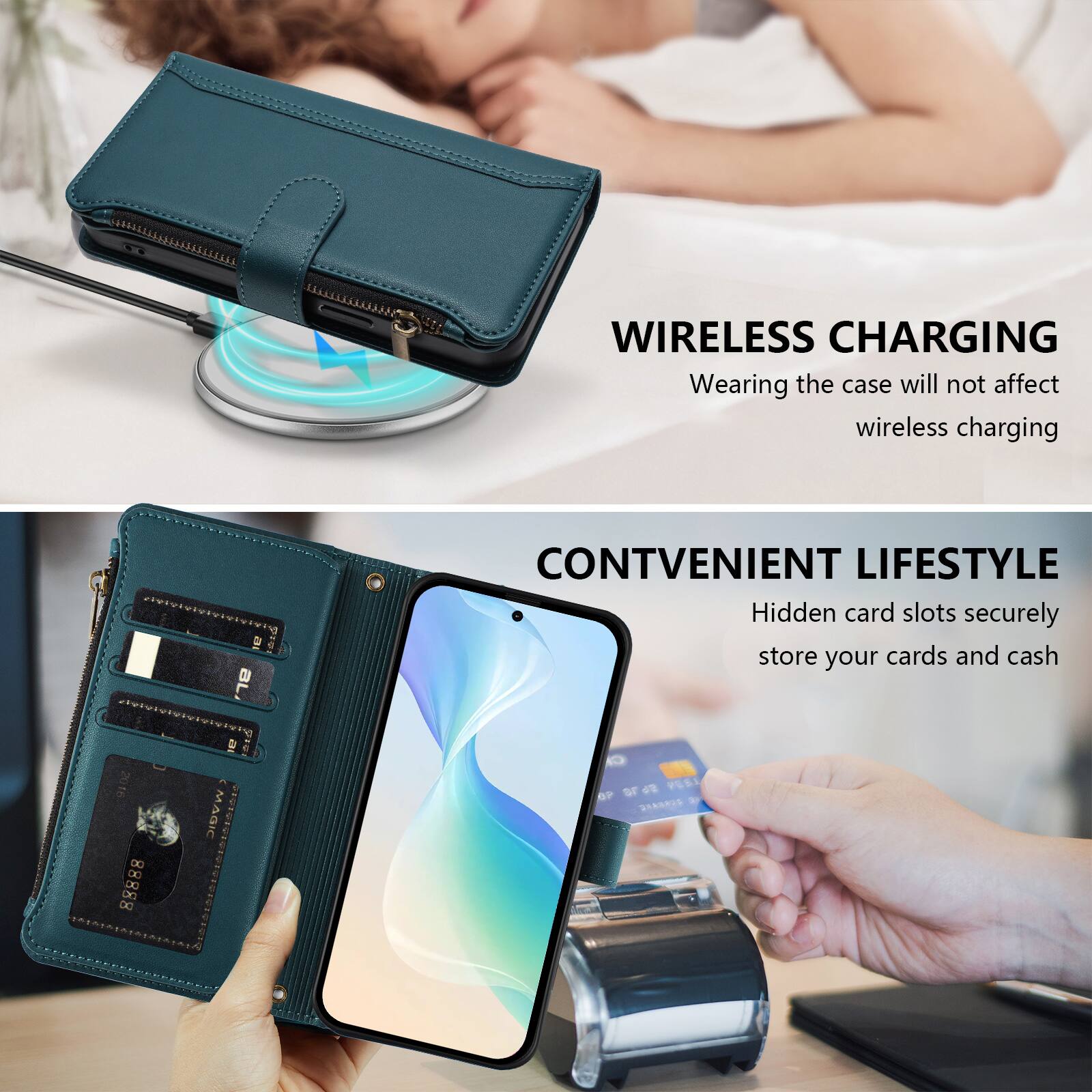 WIRELESS CHARGING  
Wearing the case will not affect wireless charging  

CONVENIENT LIFESTYLE  
Hidden card slots securely store your cards and cash