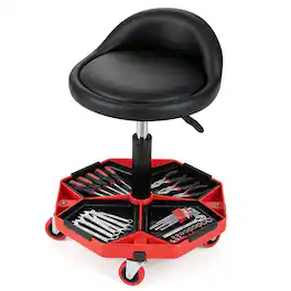 Costway - Rolling Mechanic Stool with Tool Storage Tray, Backrest, PU Leather Seat Cushion - Black & Red
