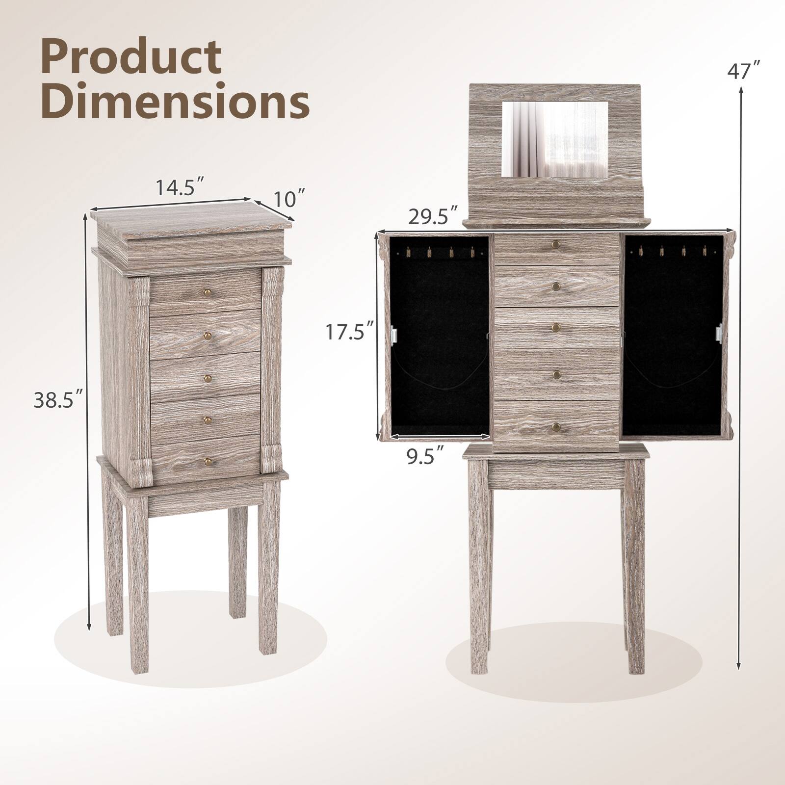 Product Dimensions

- Width: 47"
- Depth: 14.5"
- Height: 38.5"
- Top Surface: 10" x 17.5"
- Mirror: 29.5" x 9.5"